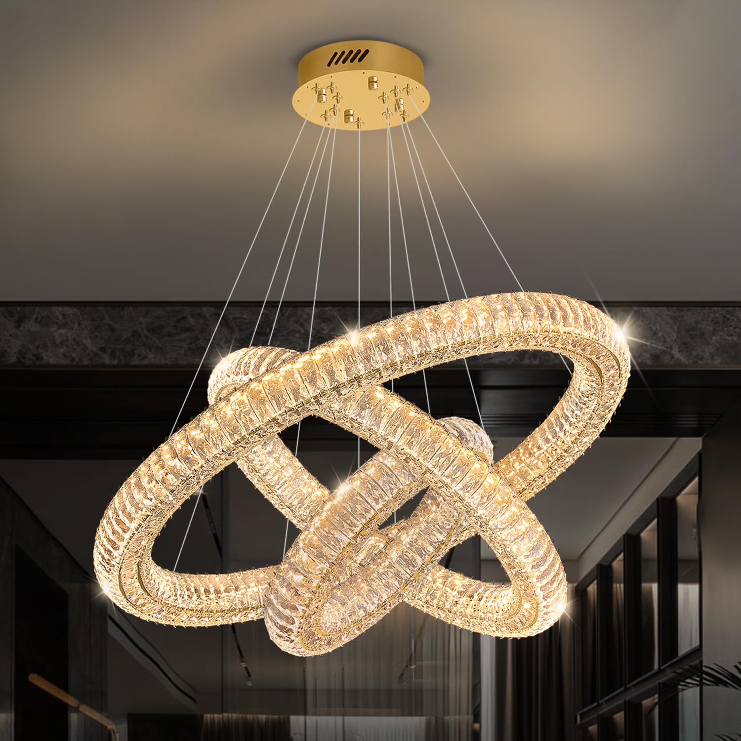 IDEQUY Gold 3 Rings Crystal Chandeliers for Dining Room Foyer High Ceiling 120'' Long Staircase Hanging Pendant Light D16+D24+D3