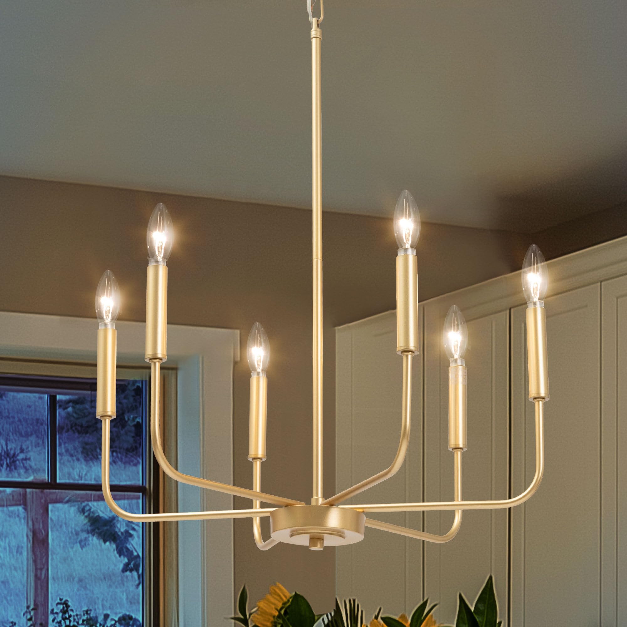 Laluz Gold Chandelier, 6-Light Modern Farmhouse Dining Room Chandelier Over Table, 19.7'' Candlestick Chandeliers Hanging Light 