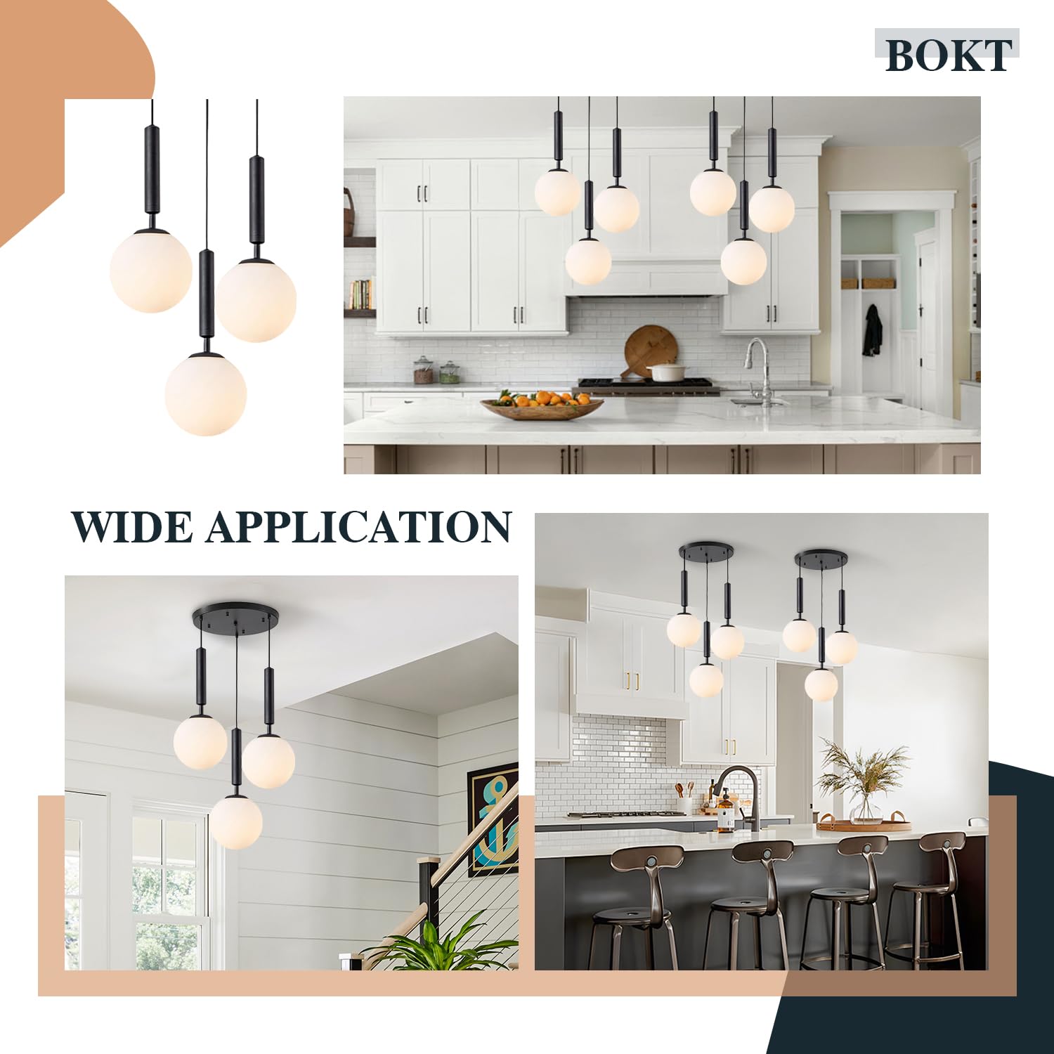 Bokt 3 Light Globe Cluster Pendant Light Modern Black Hanging Pendant Light Fixture White Milk Glass Vintage Farmhouse Pendant L