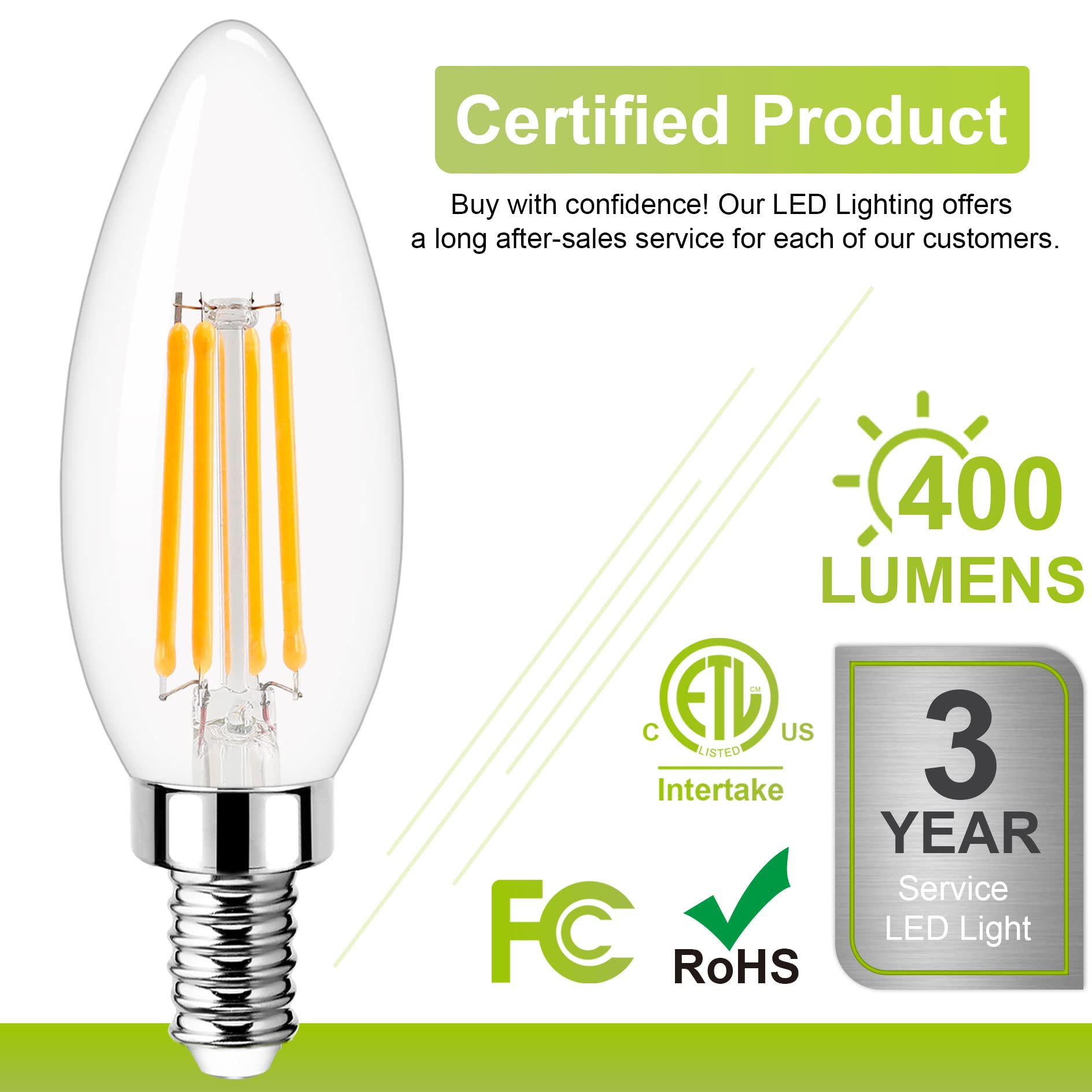 Dimmable Candelabra Led Light Bulb 40W Equivalent, E12 Chandelier Light Bulbs Warm White 3000K , 400Lm, Cri 85+, B11 Type B Ceil