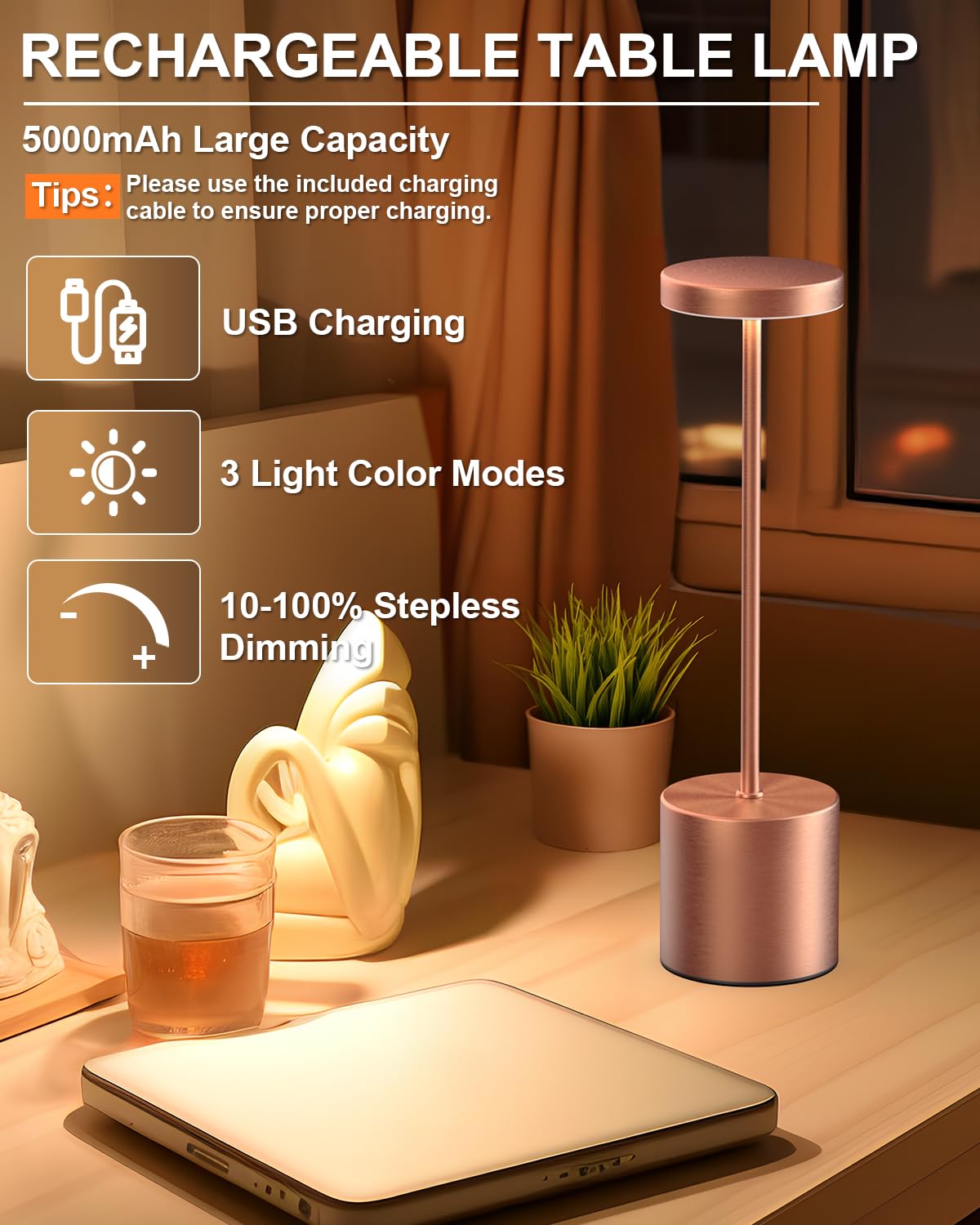 Swinerton Cordless Table Lamp, Rechargeable LED Light, 5000mAh Battery, 3 Color Dimmable, Model 9067S, Rose Gold