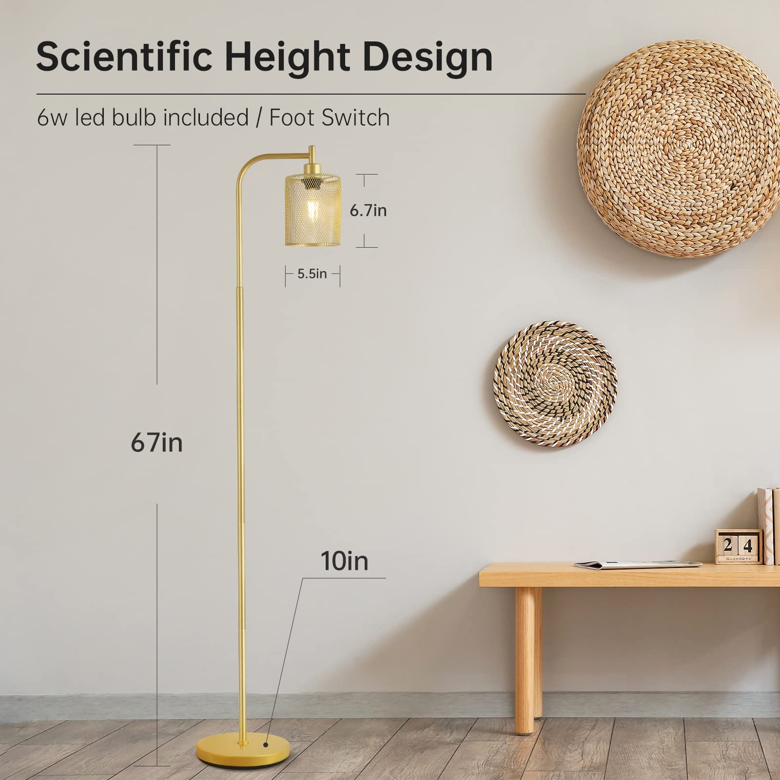 BoostArea Industrial Gold Floor Lamp, 67 Inch LED, Metal with Iron Mesh Lampshade, 6W for Living Room, Bedroom, Office