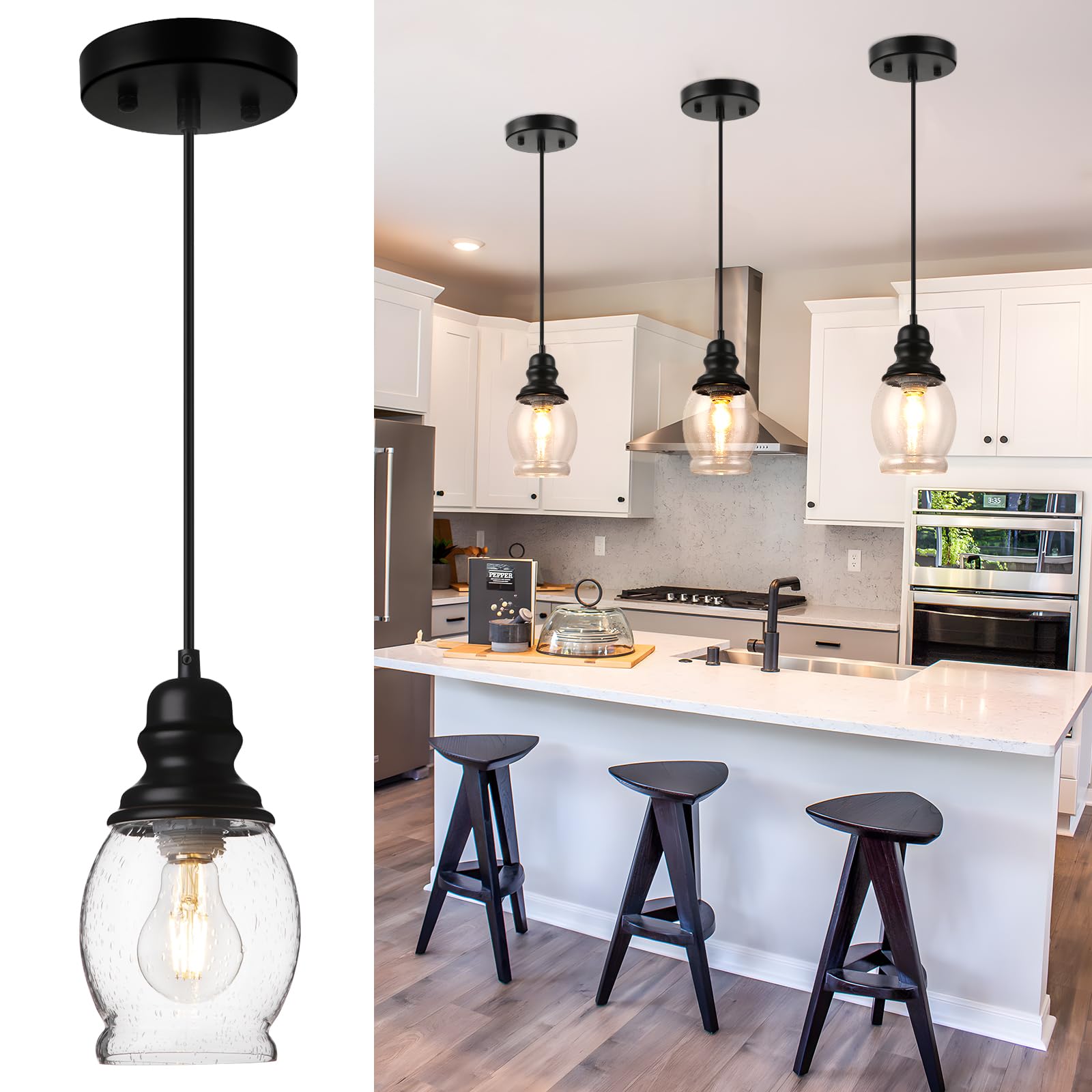 WILON Mini Pendant Lights for Kitchen, Seeded Glass Pendant Light Fixtures Farmhouse Pendant Lighting Metal Black Pendant Light 