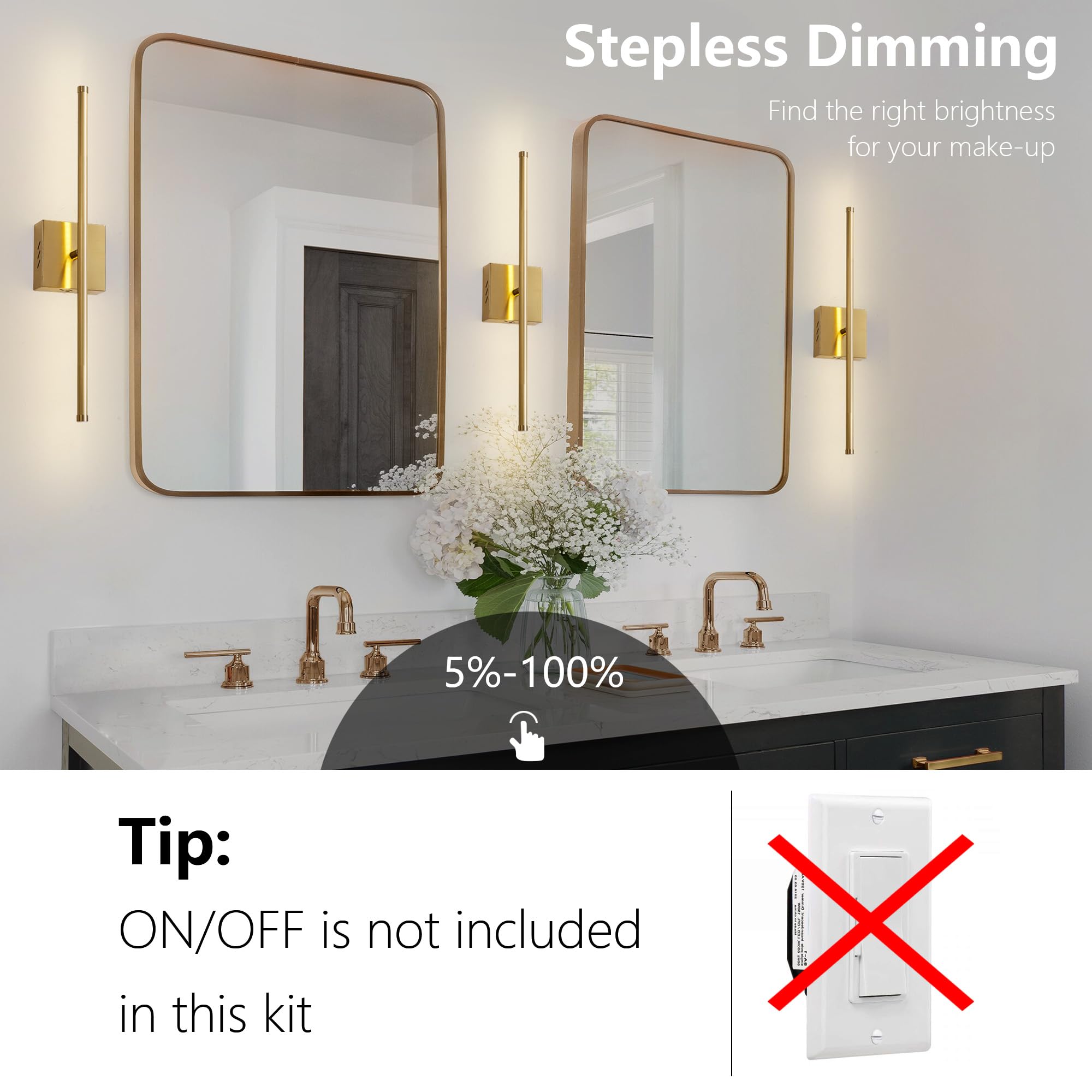 KARTOOSH Dimmable Wall Sconces Set of Two, 24.4" Matte Gold LED Fixtures, 350° Rotate, 3000K Warm Light, Model 06H
