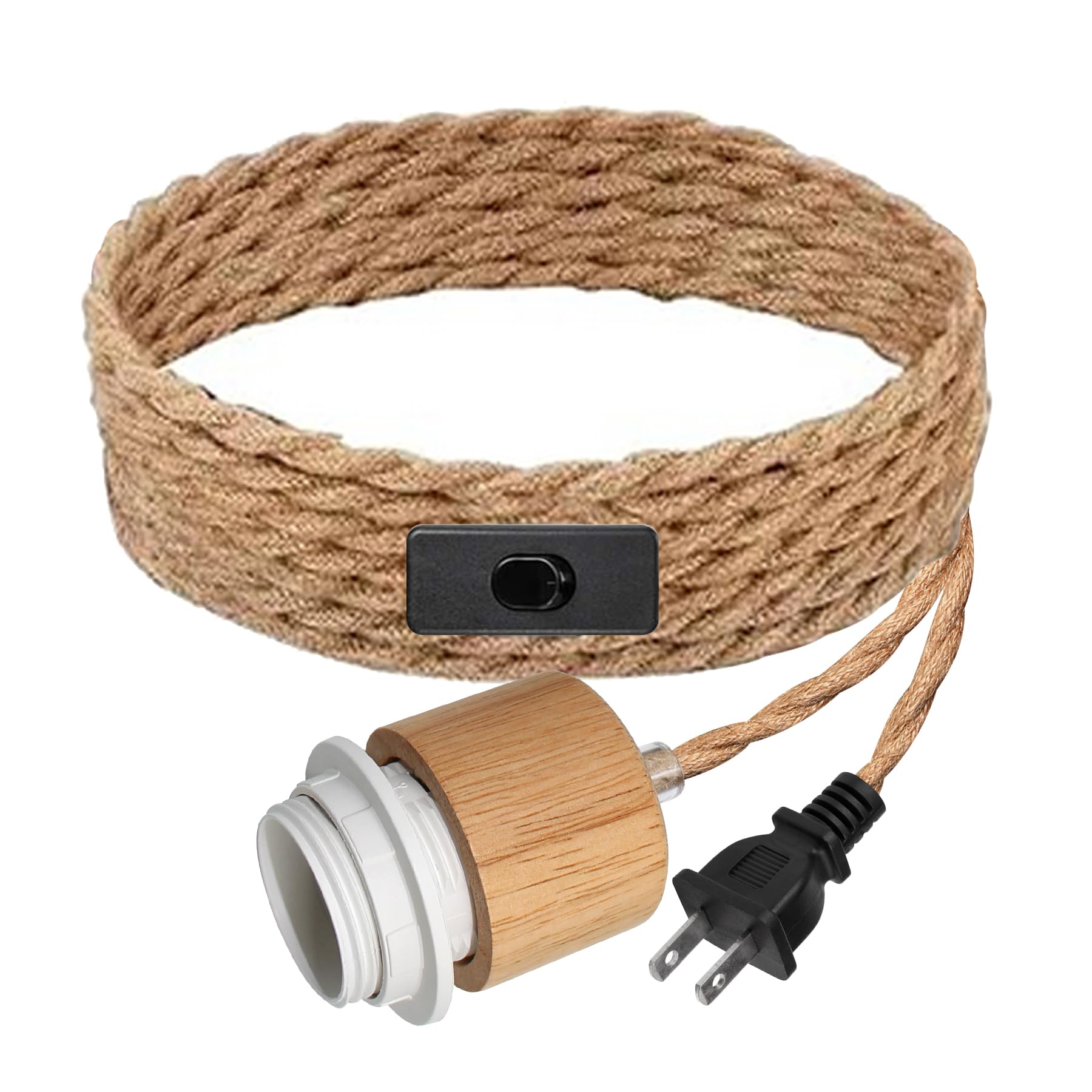 16.4 ft Plug in Pendant Light Fixtures, Hanging Lights with Woven Hemp Rope Plug in Cord, E26/E27 Vintage Wood Lampholder Hangin