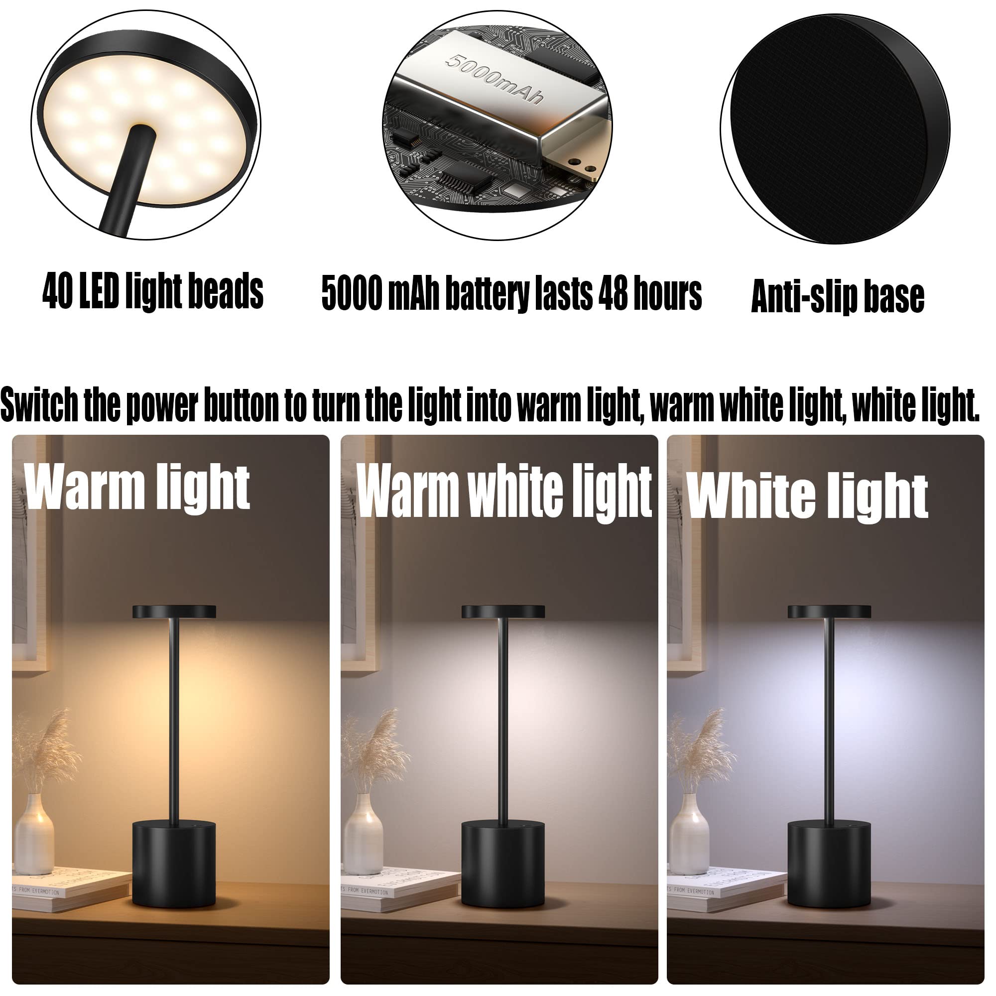 YIBEN Cordless Table Lamp, Rechargeable LED, 5000mAh Battery, 3 Brightness Levels, 10.25in, 2pack, Black