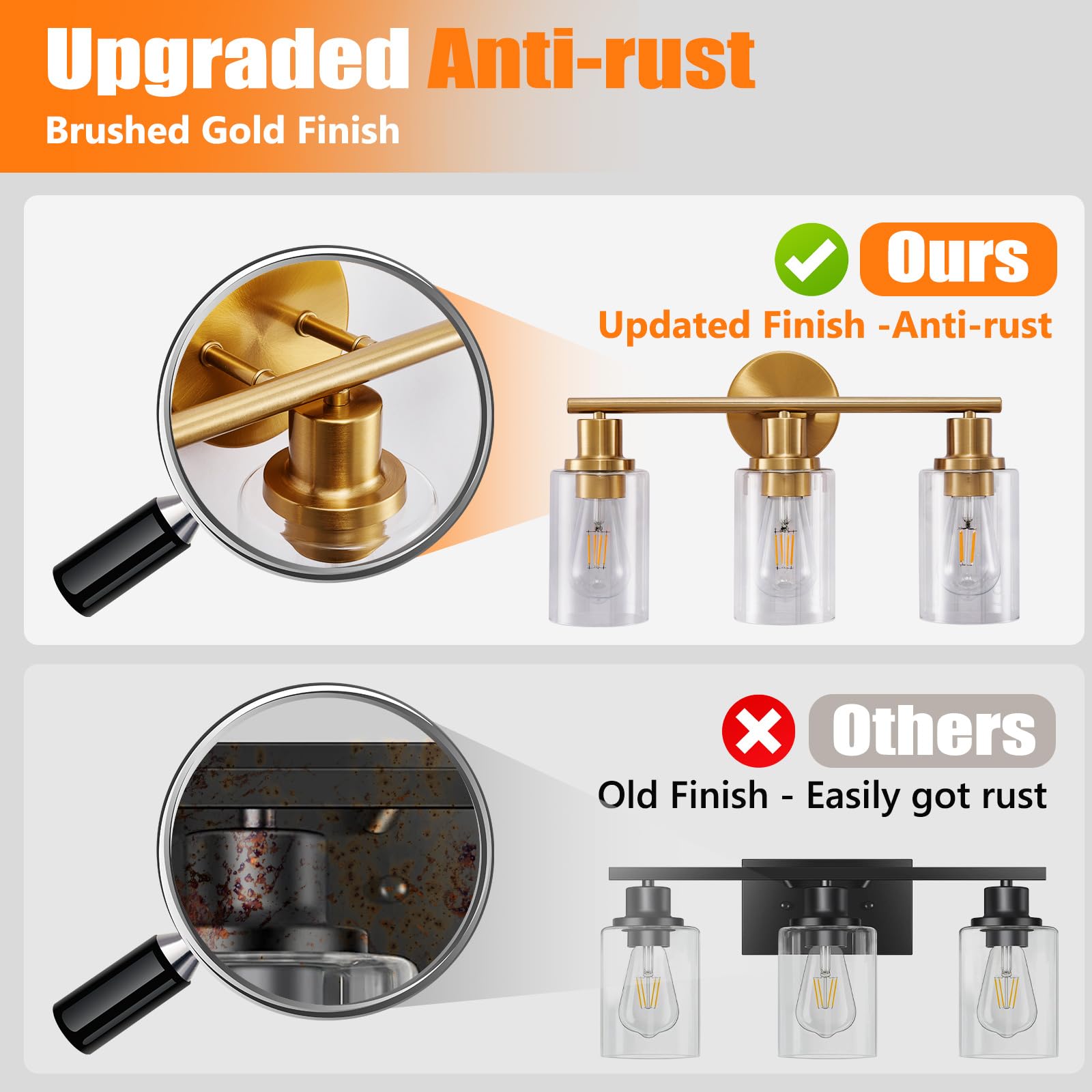 Dllt 3-Light Bathroom Light Fixtures: Gold Modern Vanity Wall Lights With E26 Bulbs - Clear Glass Shade Bathroom Wall Lamp For M