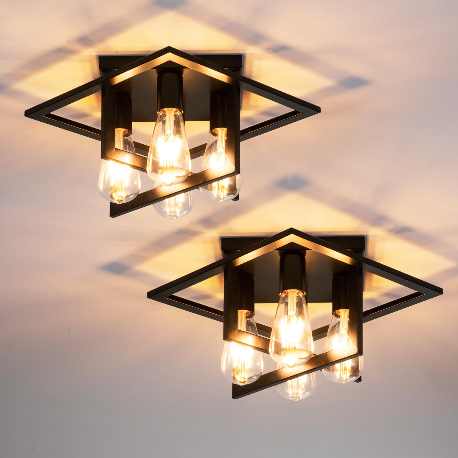 Industrial Farmhouse Ceiling Light Fixture 4-Light Set of 2 Matte Black Flush Mount with Geometric Cage Design - E26 Base for Ki