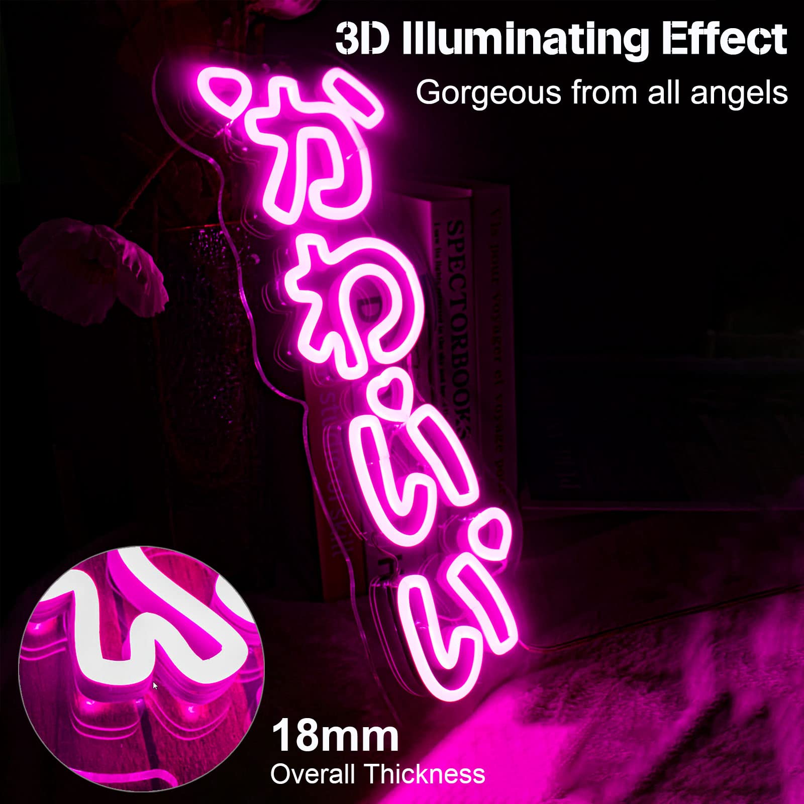 KiMineon Kawaii Neon Sign - Cute Japanese LED Night Light Wall Decor - 15.7in Pink - Model KAWAII-FEN