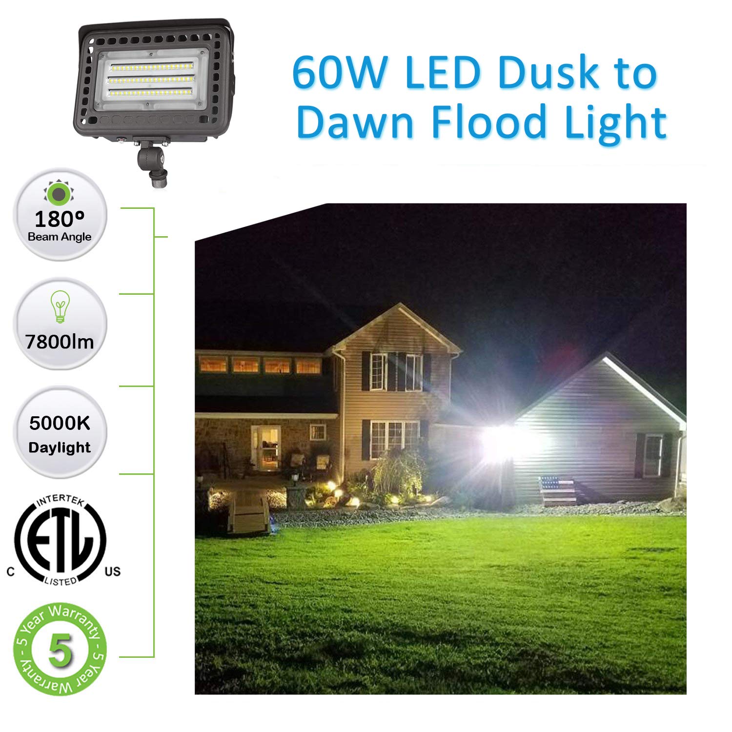 Szgmjia 60W Led Flood Light With Knuckle, Dusk To Dawn Outdoor Light,Ultra Brightness Daylight 7800Lm 300W Equivalent,Waterproof Security Light For Yard Garden Playground