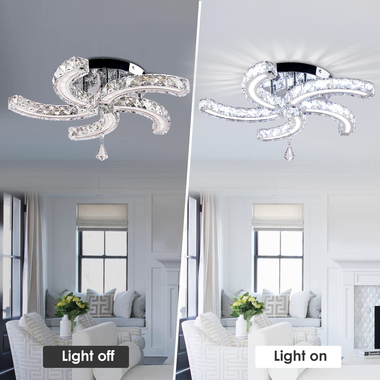 Cainjiazh Modern Crystal Chandelier - Acrylic LED Ceiling Light Fixture, 19.7” Cool White, Model MC082 for Living Room, Dining Room, Bedroom
