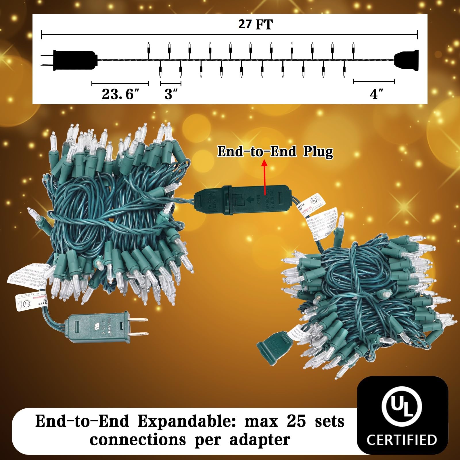 Heyworld 100 LED Twinkle String Lights, Warm White, 27 Ft, UL Certified, Indoor/Outdoor, Connect Up to 25 Sets