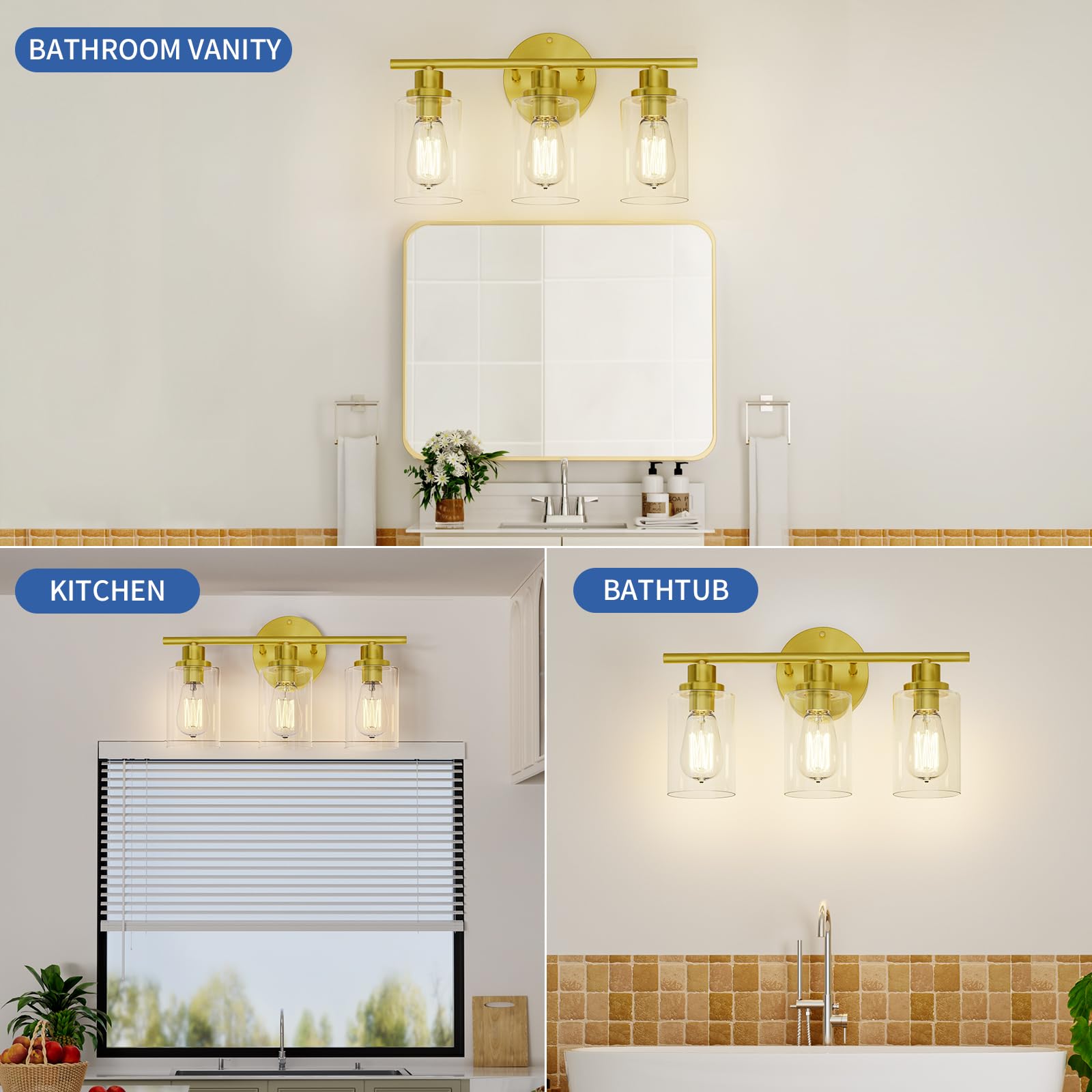 GORDNWE 3-Light Vanity Light Fixtures, Brushed Gold, E26 Bulb Base, Metal, Farmhouse Style, Model J0020