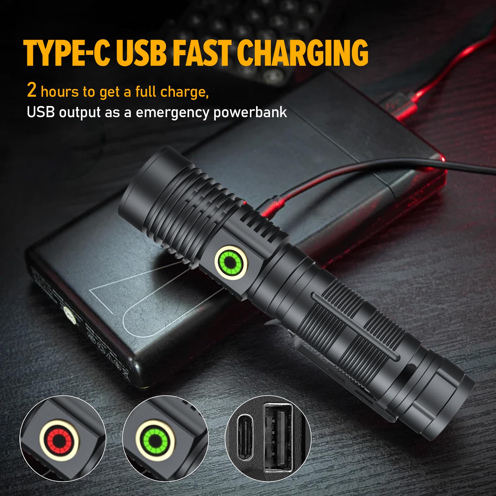 Rechargeable Magnetic Flashlight 20000 High Lumens - 1500 Meters Long Beam Super Bright Led Tactical Flashlight With Holster Usb