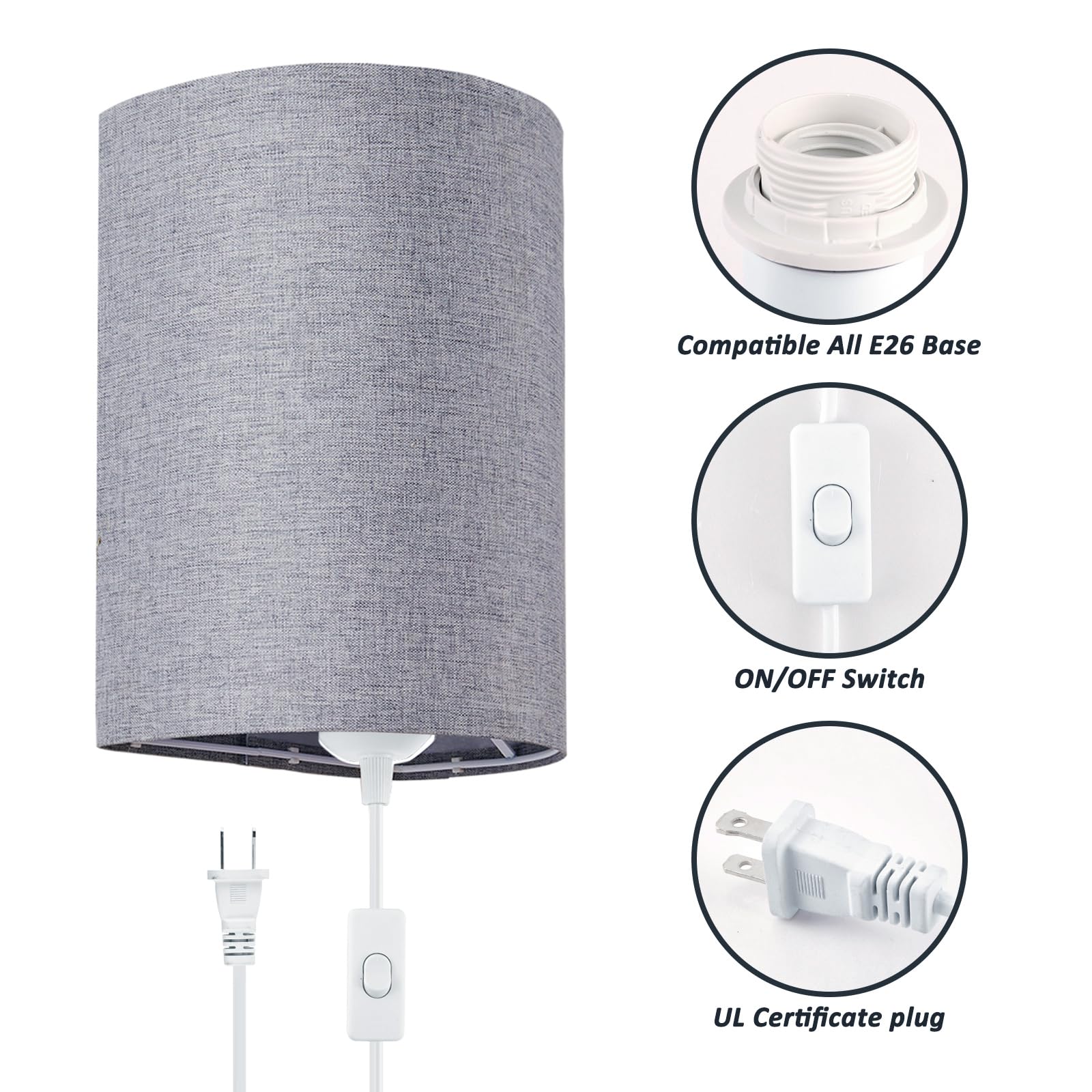XIEYOR Wall Sconces Set of 2, Plug-in with On/Off Switch, 3-Color Options, Fabric Shades, Grey, Model: plugsconces-0608