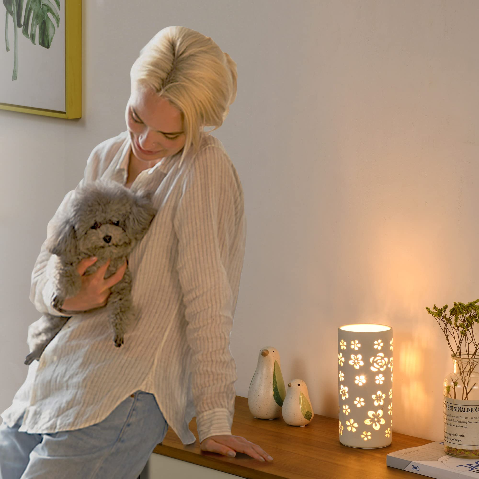 Lampwell Dana Small Modern Ceramic White Table Lamp,3.54H7.87In,Bulb Excluded,Carving Flower