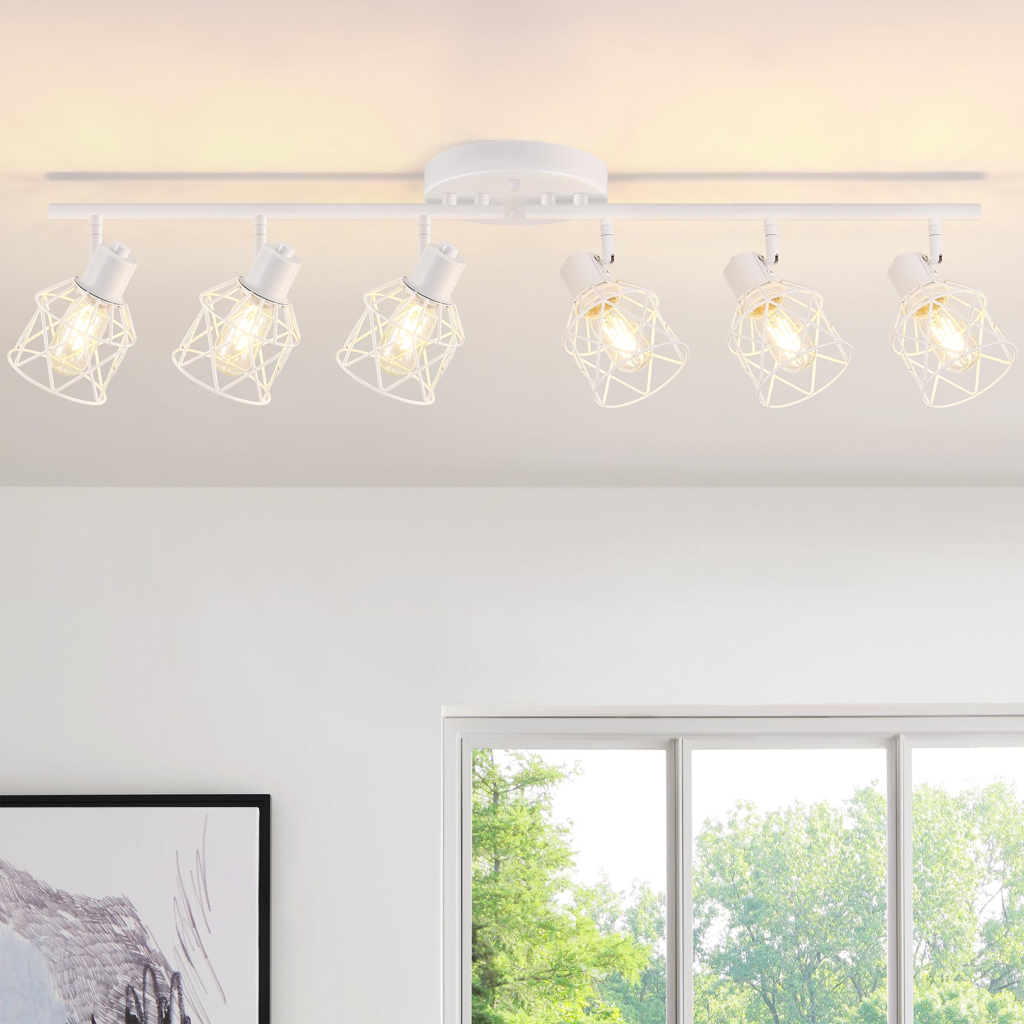 Baocuz 6-Lights White Semi Flush Mount Ceiling Light With Geometric Metal Cage  Modern Kitchen Track Lighting Fixtures Ceiling  Rotatable Close To Ceiling Lamp For Entryway  Living Room  Hallway