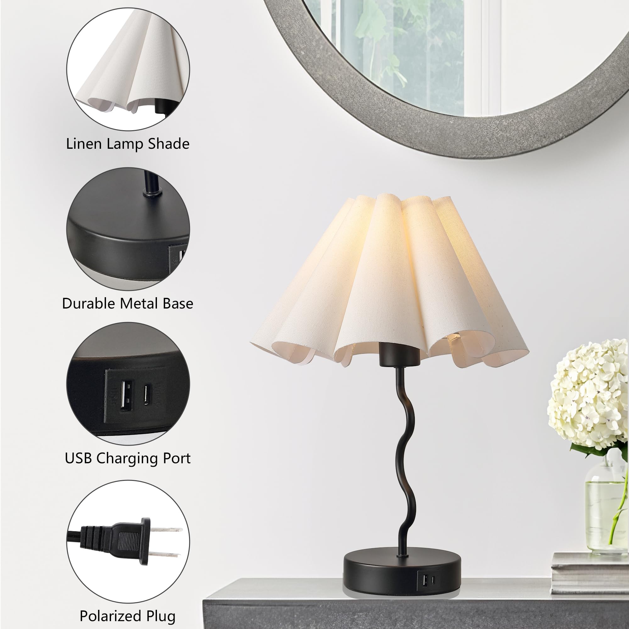 EOEYYOYB Pleated Table Lamp, Linen Lampshade, Modern Design, Black, Model 2097, Ideal for Bedroom and Home Office Decor