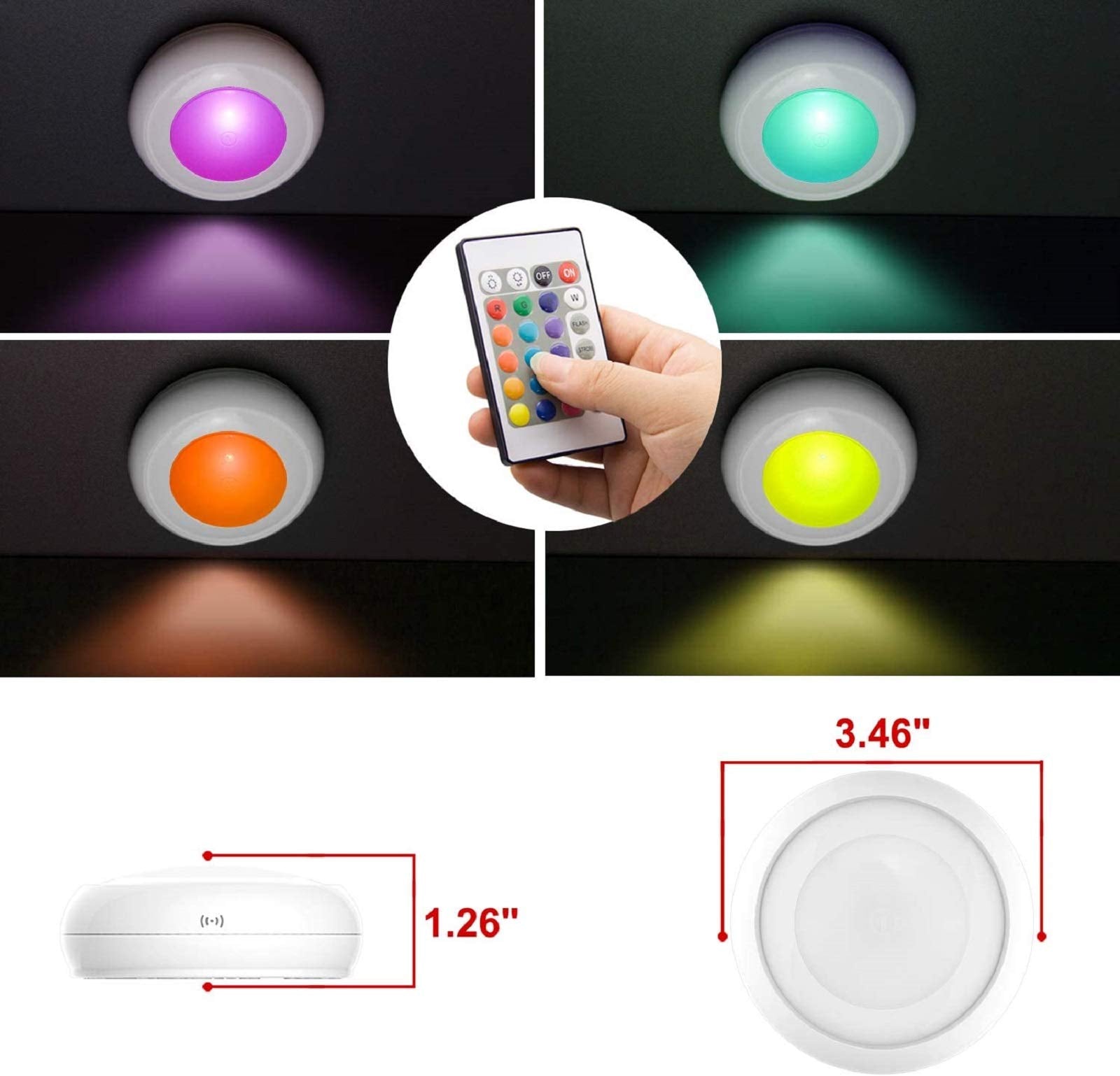 LUXSWAYWAY Battery LED Puck Lights with Remote, 16 Color Changing, Wireless Tap Dimmable, Model DY38IR-16C-4+2, RGB - 4 Pack