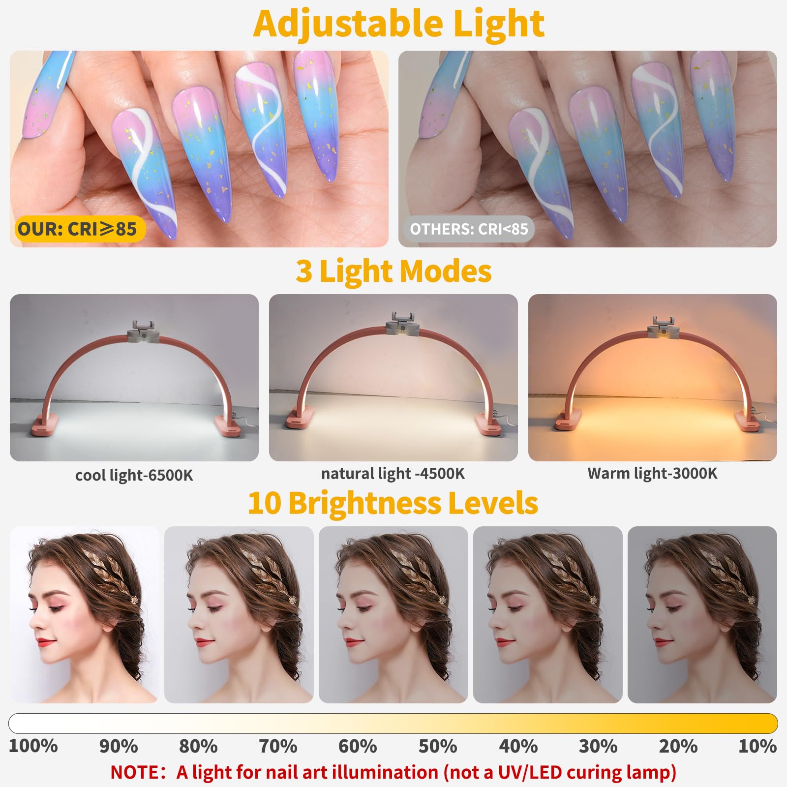 CGBE Half Moon Light for Nail Desk with Phone Holder, Extra Large 30In 45W Nail Tech Light, Nail Table Lamp with 3 Color Modes &