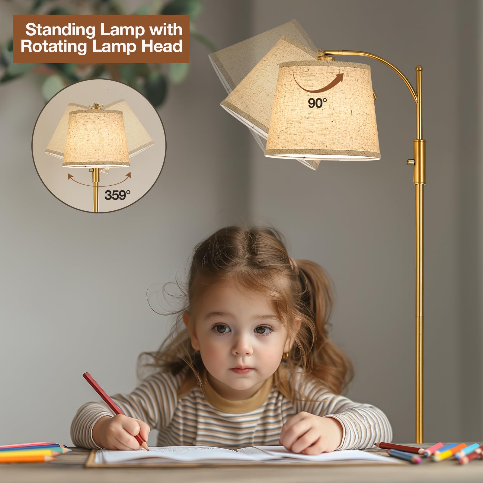 AIDENOEY Fully Dimmable Gold Floor Lamp with Beige Shade, Large Size, Model HYZC0203, Adjustable Head, 9W LED Bulb Included