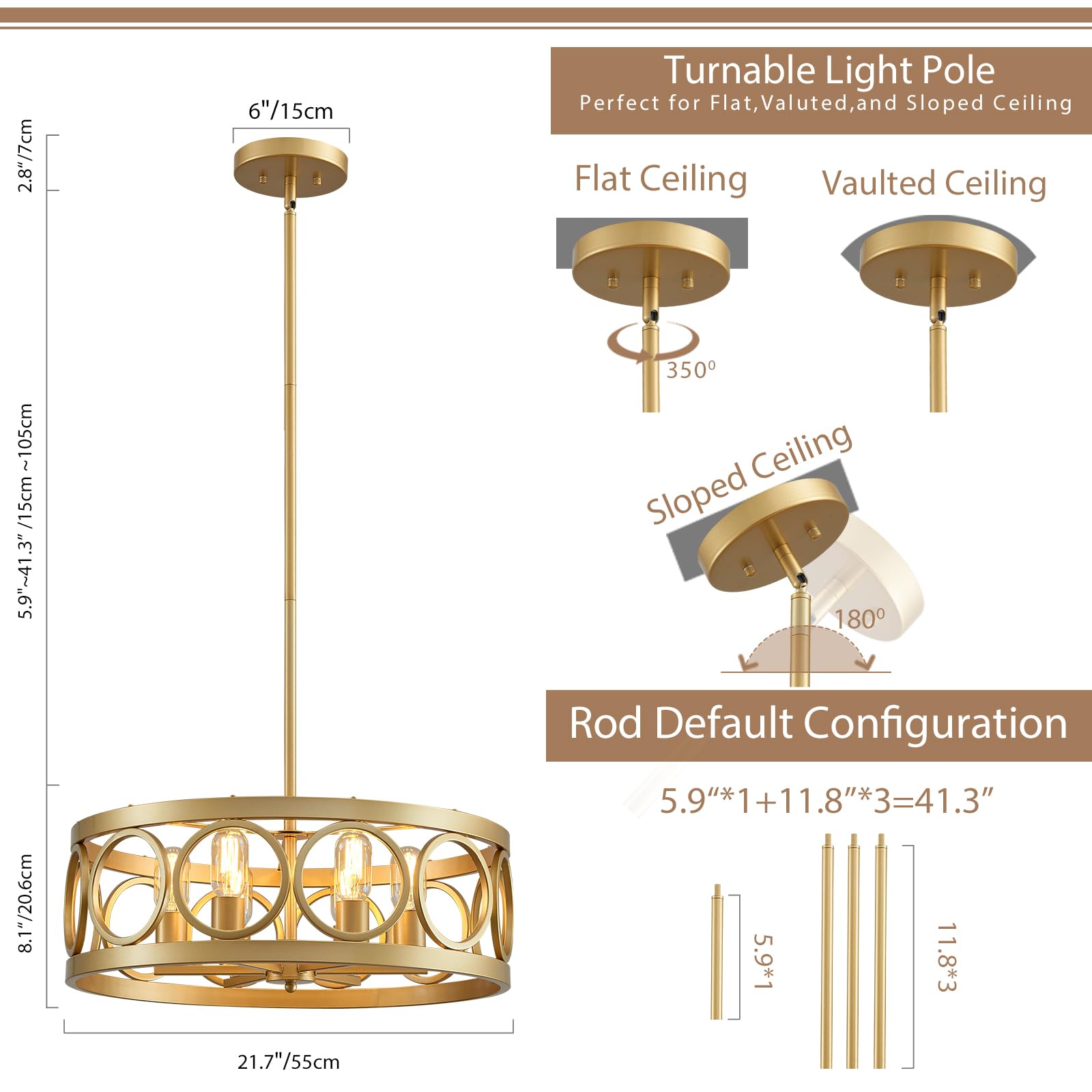 Peskoe Gold Dining Room Light Fixture Drum Chandeliers, 6-Light Modern Light Fixtures For Living Room Kitchen Entryway Bedroom F