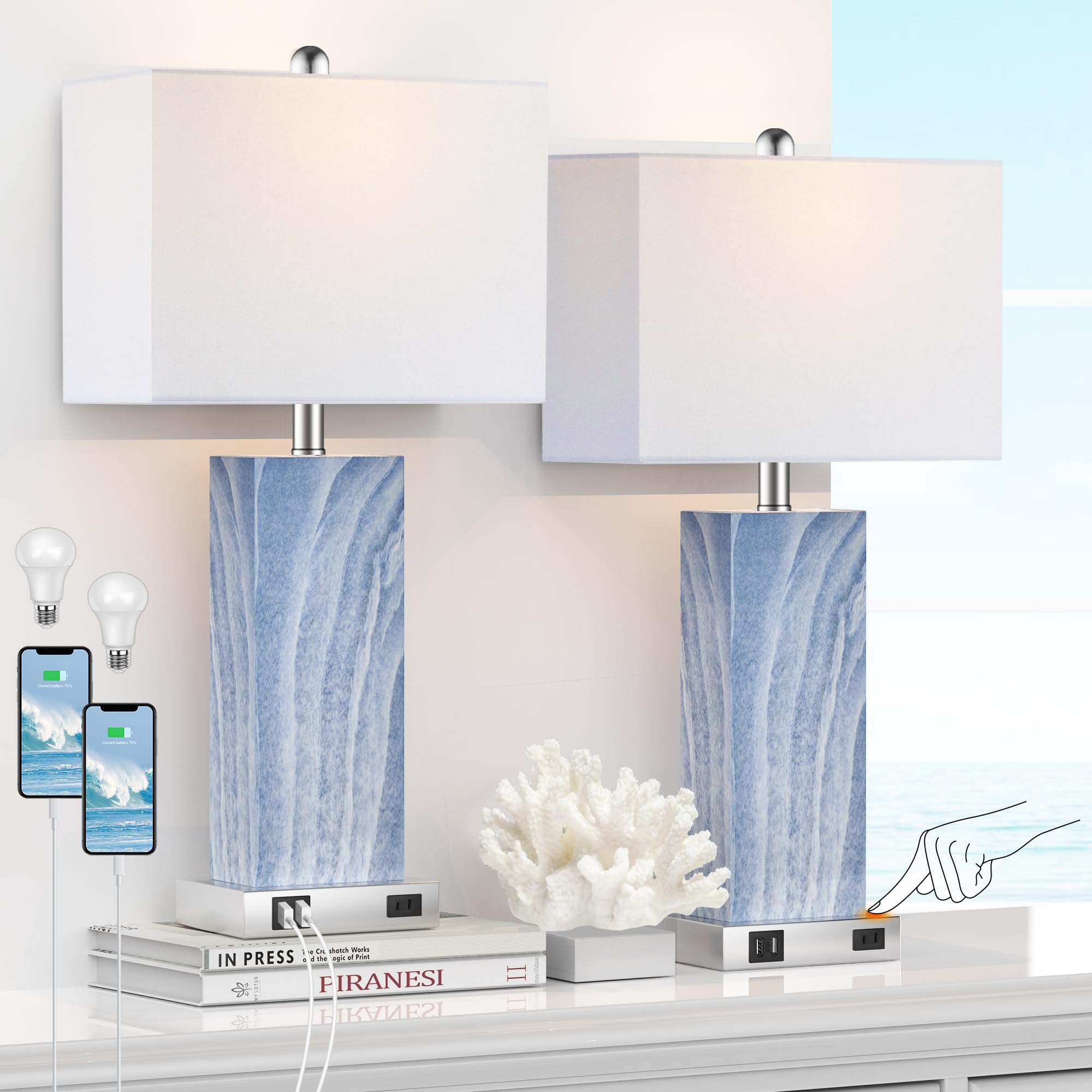 PARTPHONER Touch Control Table Lamps Set of 2, 3-Way Dimmable, Blue Ceramic with USB Ports, Fabric Shade, LED Bulbs Included