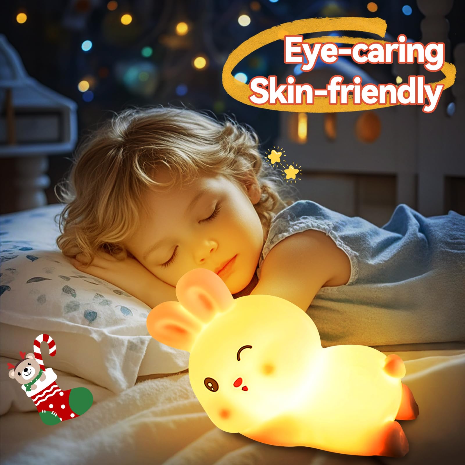 Biutyvoice Rabbit Night Light For Girl, Battery Powered Nightlight For Kid, Cute Stuff For Children Room Decor, 7 Colors Led Rec