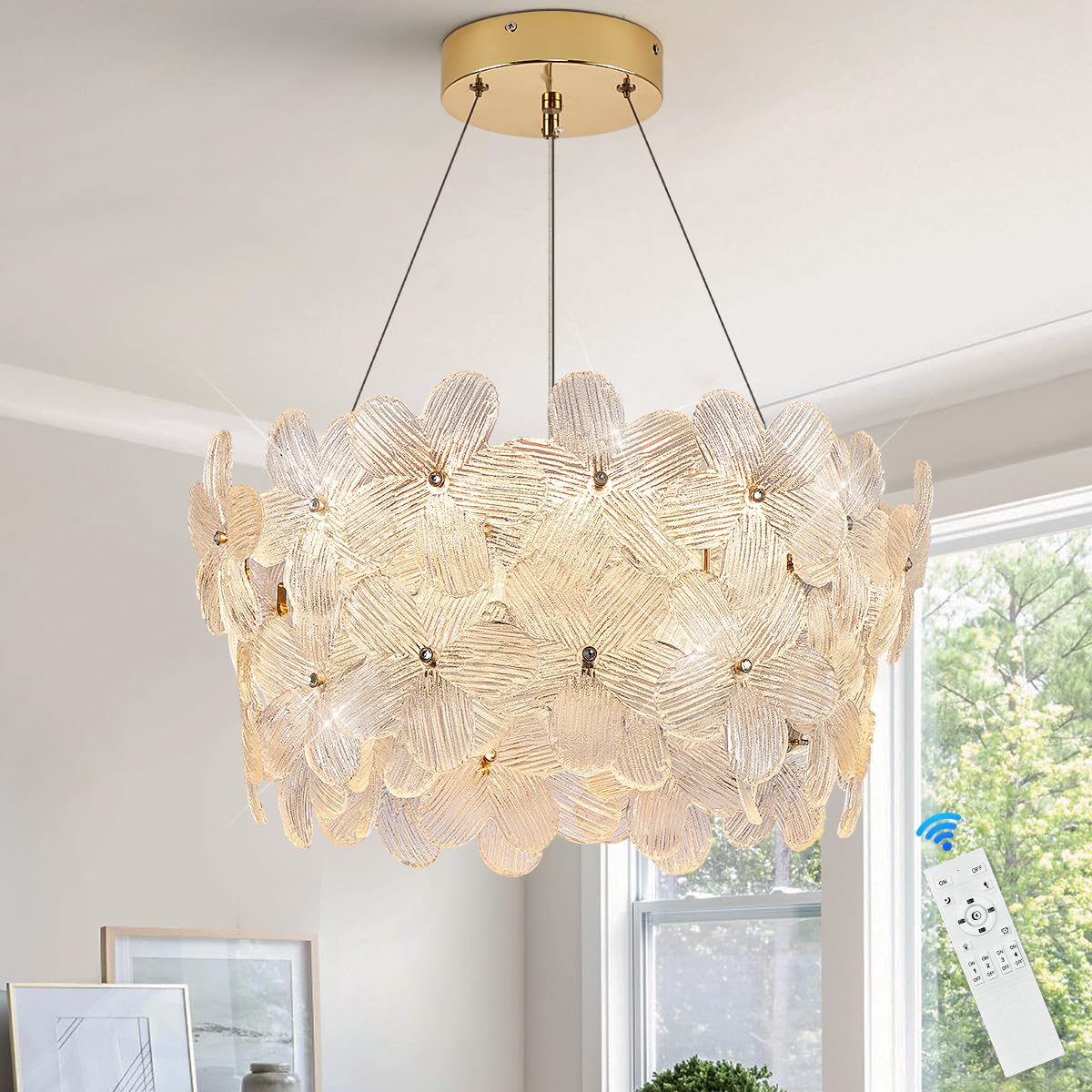 Poemoon Modern Flower Elegant Crystal LED Chandelier D20 Brushed Gold Contemporary for Dining Room Dimmable Flush Mount High Cei