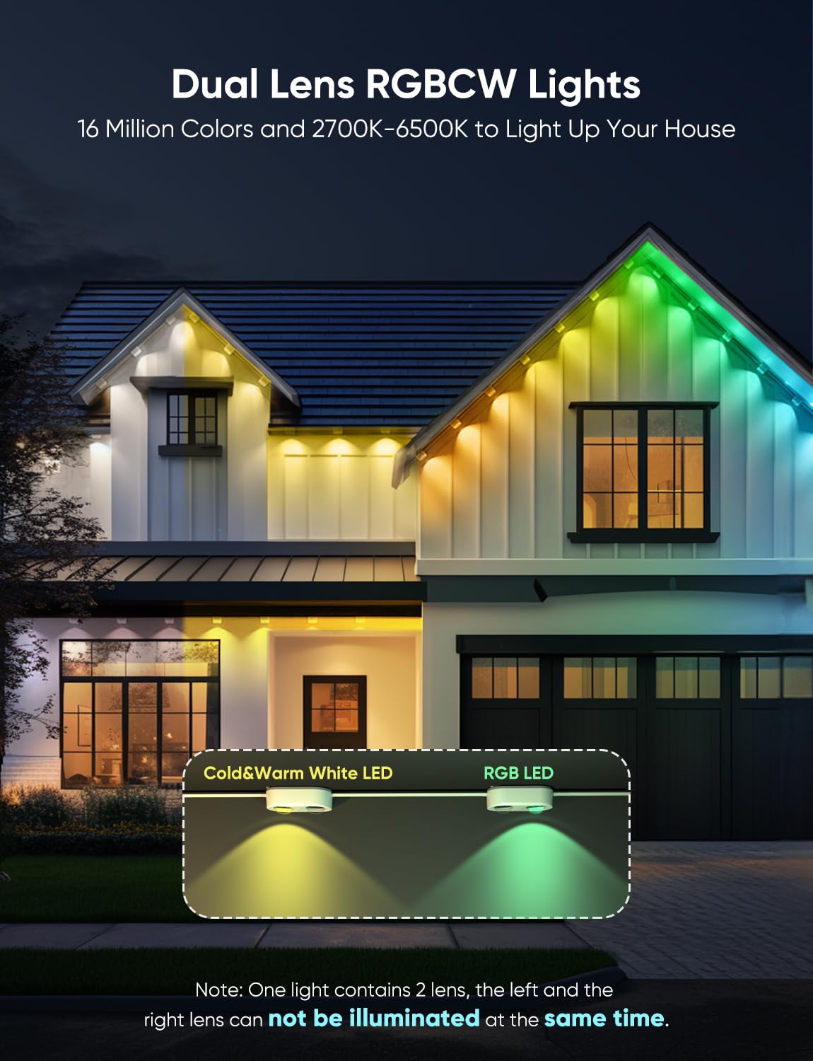 APPECK 200ft Permanent Outdoor Lights Pro, 144W RGBCW, IP67 Waterproof, Black, Model C5106-A, 111 Scene Modes