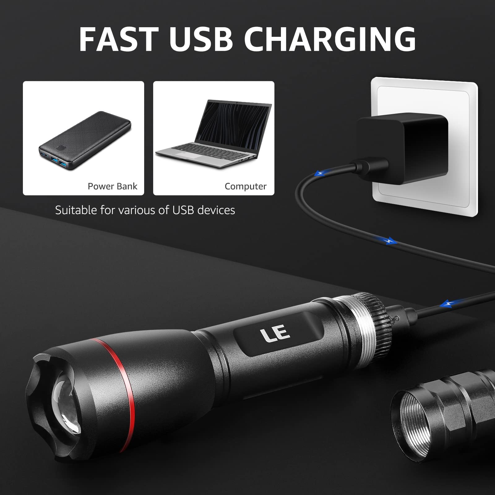 LE Rechargeable Flashlight S1000, 3000 Lumens, Waterproof, 5 Lighting Modes, Black, Aluminum, Compact for Camping and Emergencies