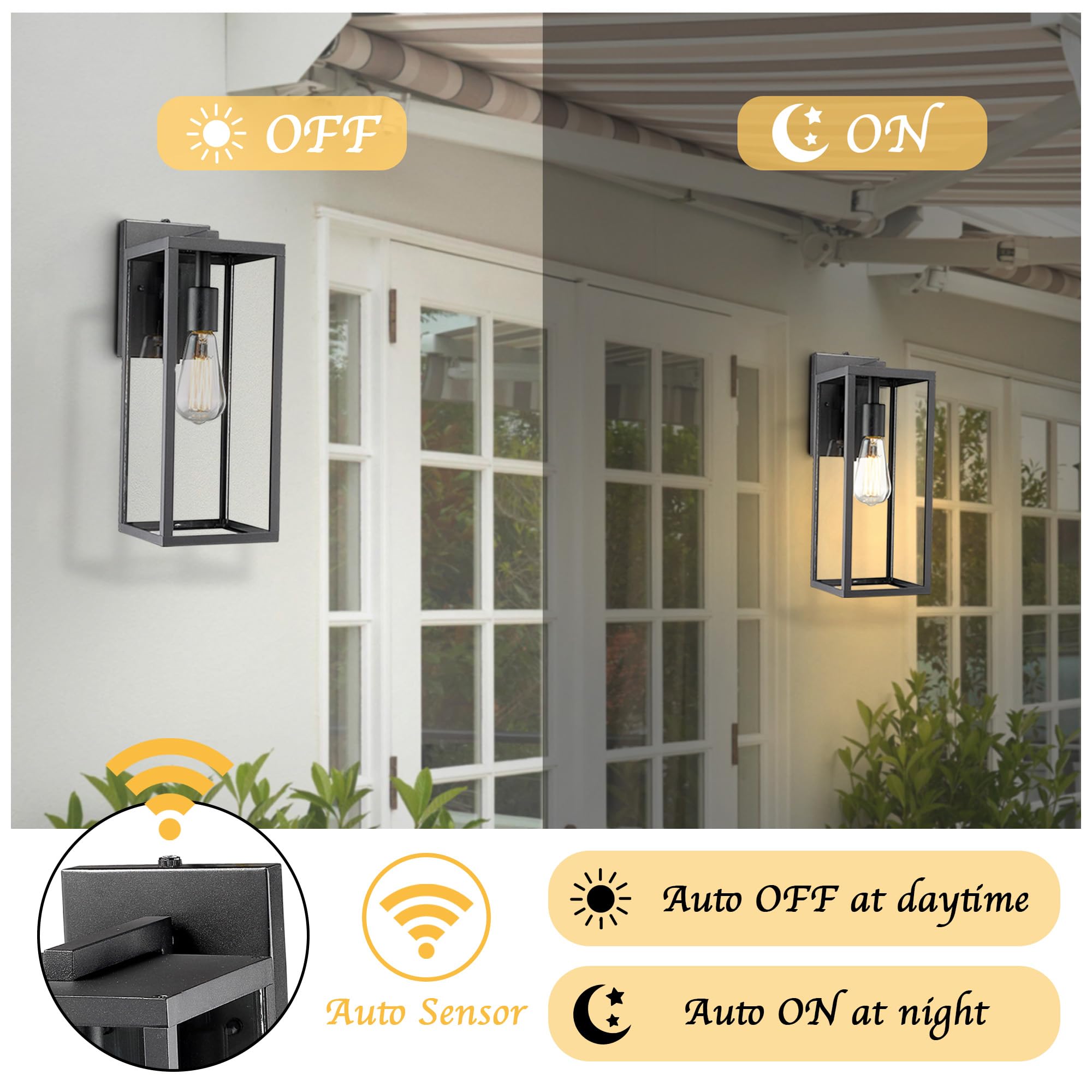 Bestshared Outdoor Wall Lantern, 1-Light Dusk to Dawn Sensor, 15in Modern Metal Sconce, Clear Finish