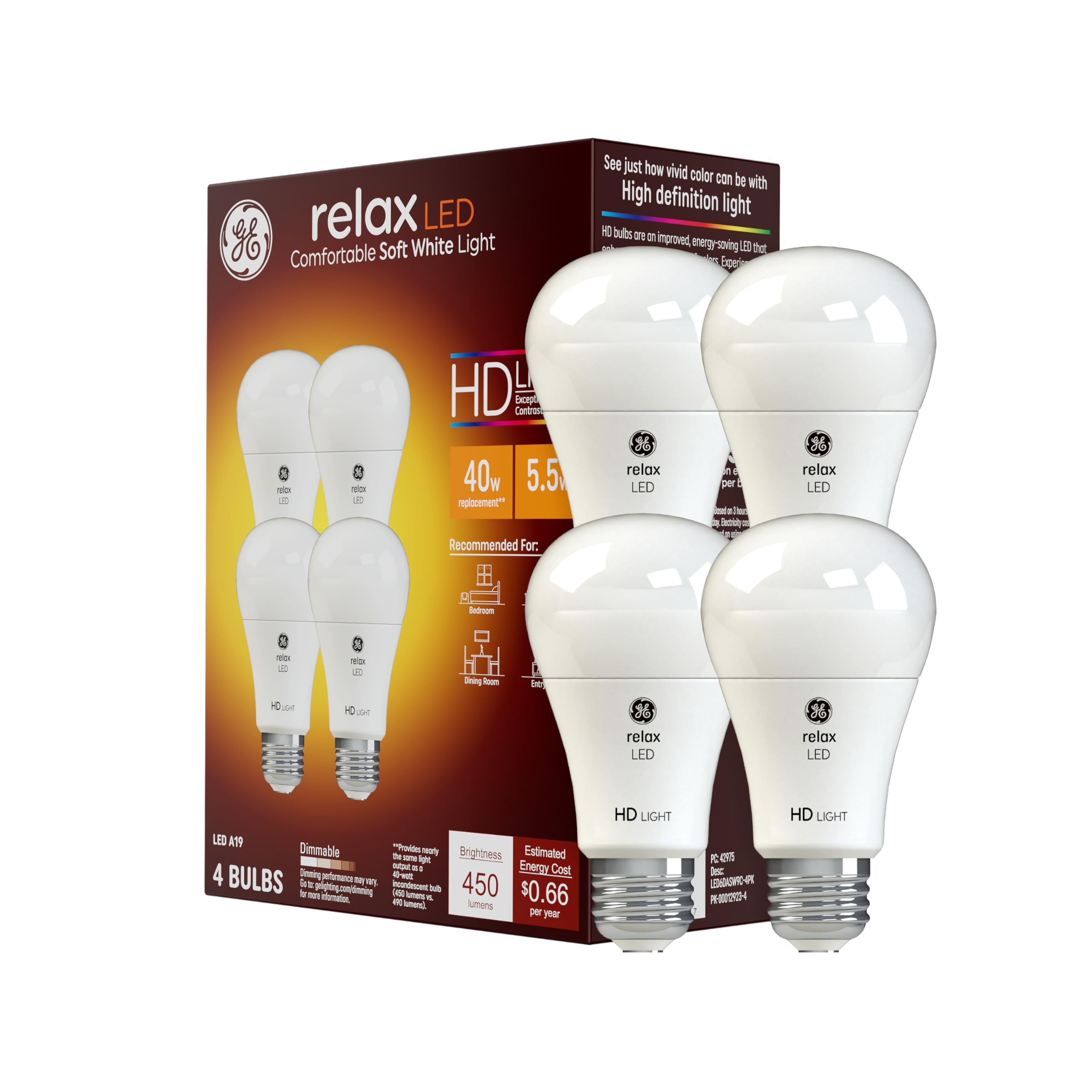 GE Relax LED Light Bulbs, 40 Watt, Soft White, A19 (24 Pack)