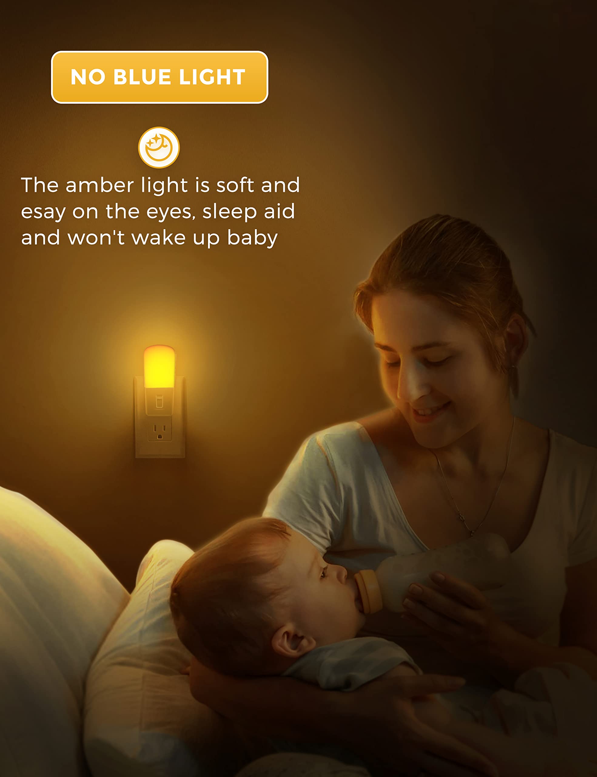 L LOHAS LED Amber Dimmable Night Light with Dusk to Dawn Sensor, Yellow, 5-80LM, 2-Pack for Kids Bedroom, Nursery, Hallway, Bathroom