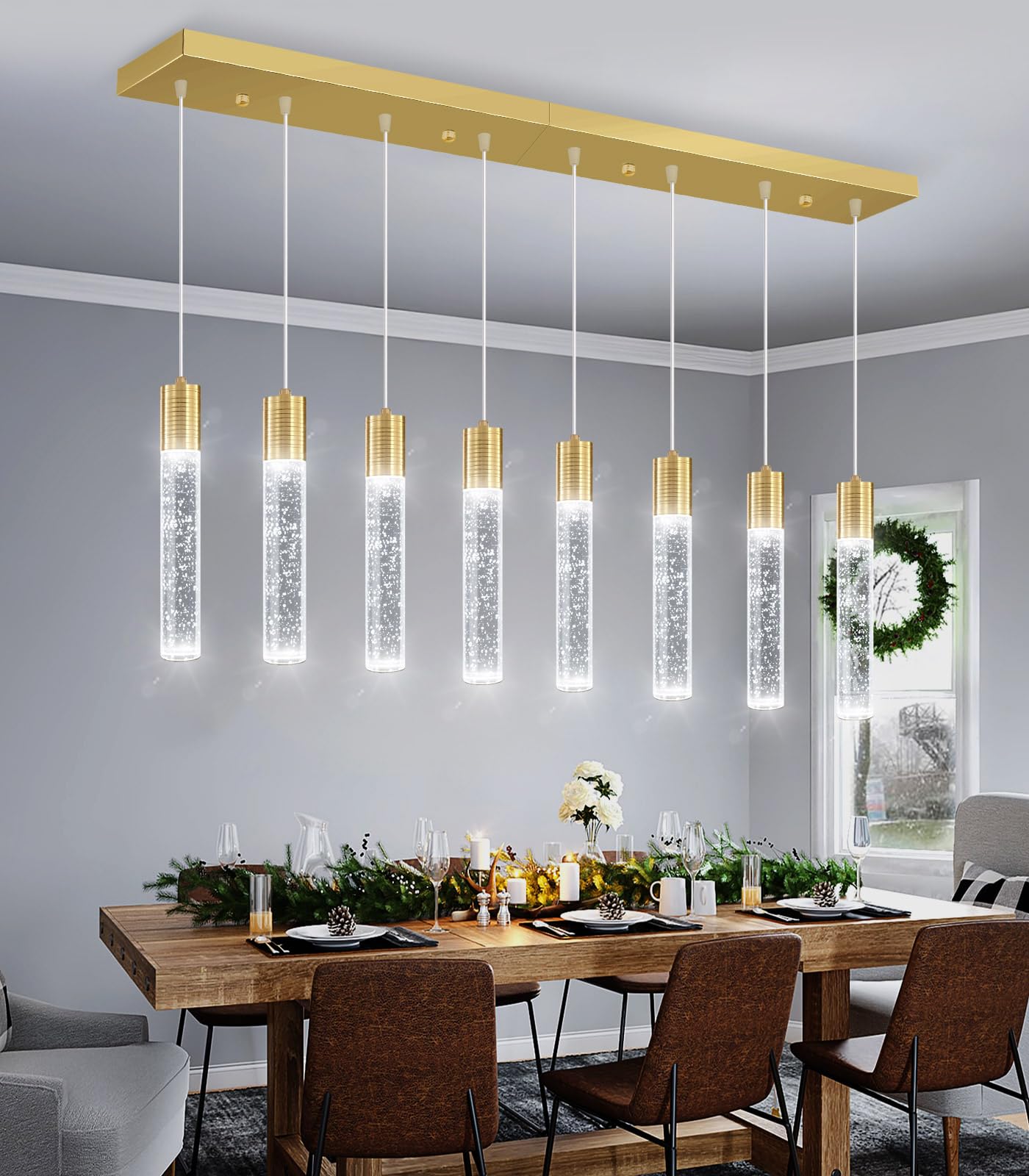 dolria 8-Lights Modern Crystal Chandelier - Metal LED Pendant Light for Kitchen, Dining Room, Hallway - Gold Finish, Model PC0019-CT-8G