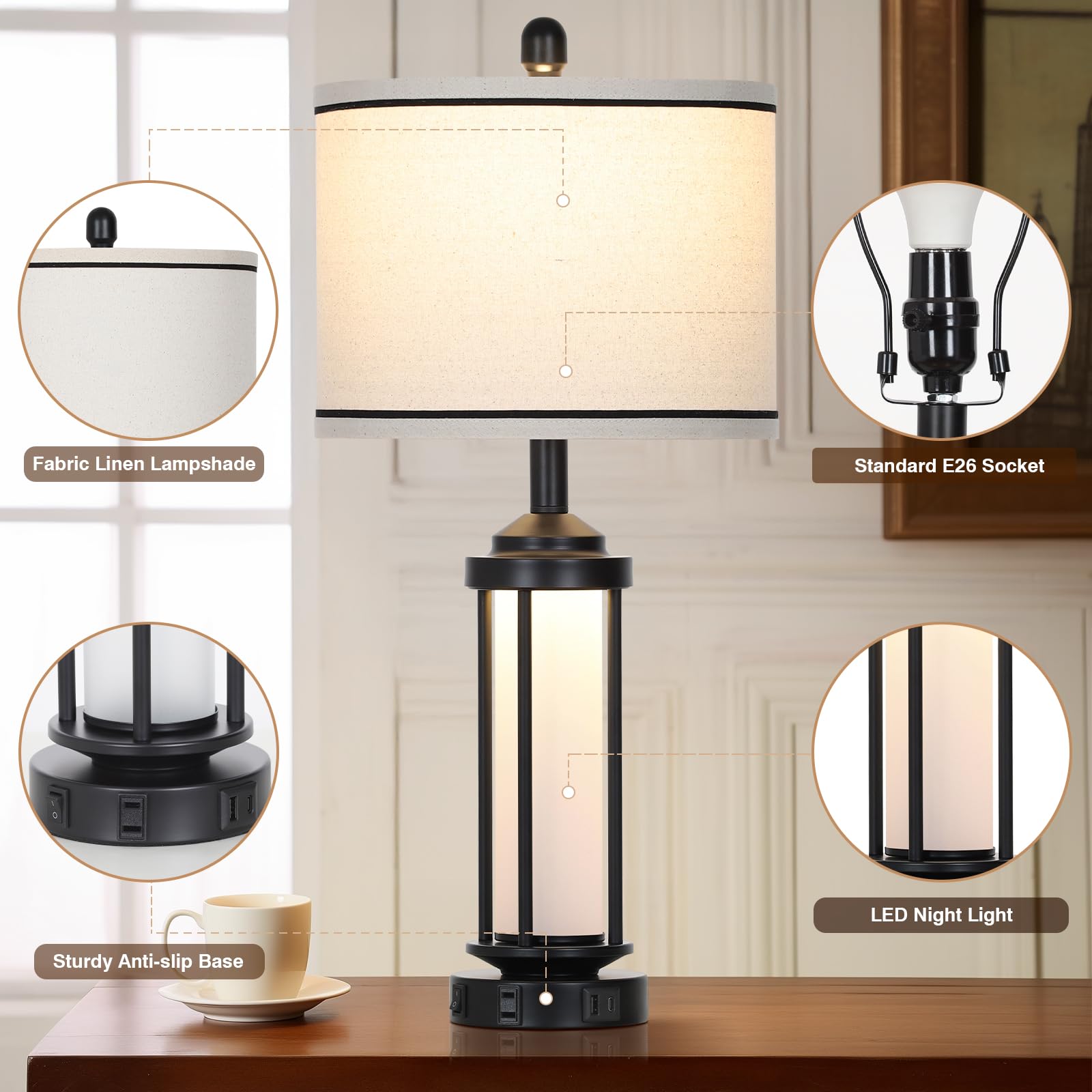 Rinweey Set of 2 Black Farmhouse Table Lamps with USB Ports & AC Outlet, 27" Modern Linen Shade