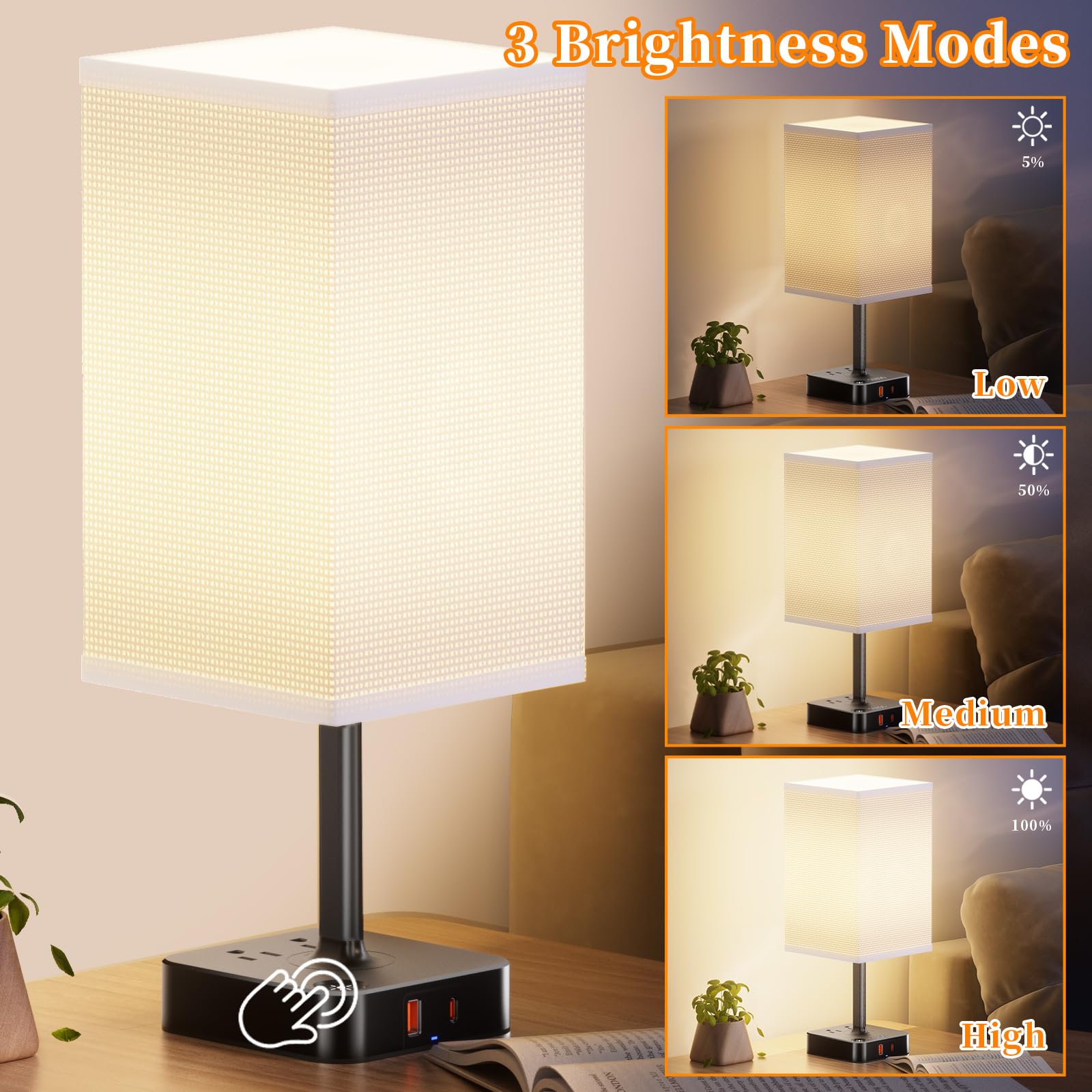 Remote Control Bedside Lamp With Usb-C & Usb-A Charging Ports, 2 Ac Outlets, Stepless Dimming Nightstand Lamp For Bedroom- Touch