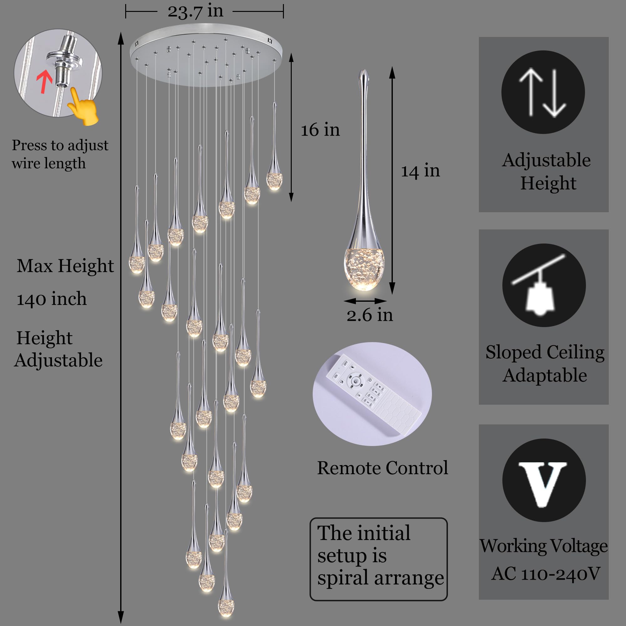 Upfelw Modern Crystal Chandelier 24 Lights, Polished Chrome, Dimmable LED, Model UCC-S24-0436, High Ceiling Foyer Light Fixture