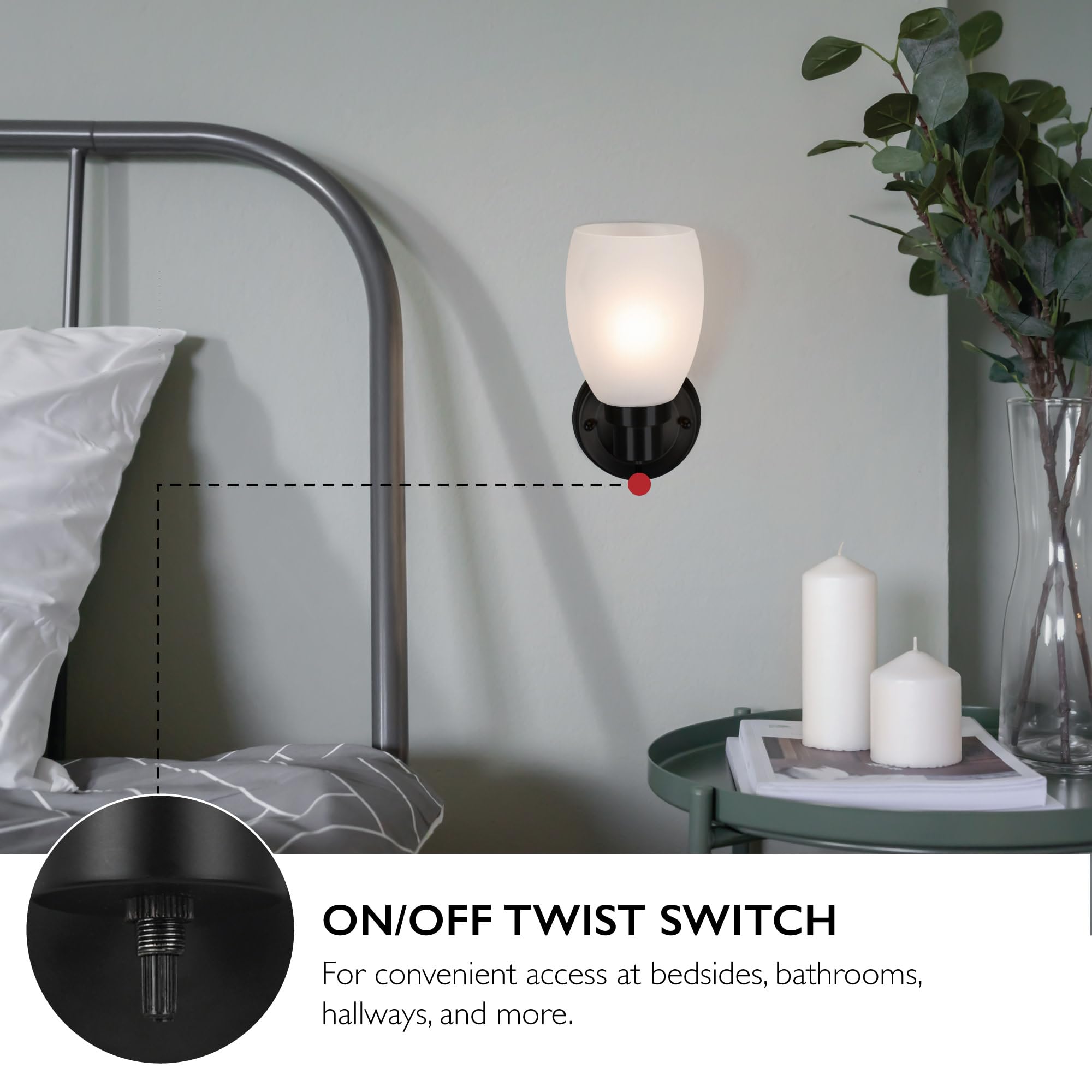 Design House Lydia Wall Sconce, 1 Light, Frosted Glass, Dimmable, Twist On/Off Switch, Matte Black, 4.88 In X 5.125 In X 9.75 In