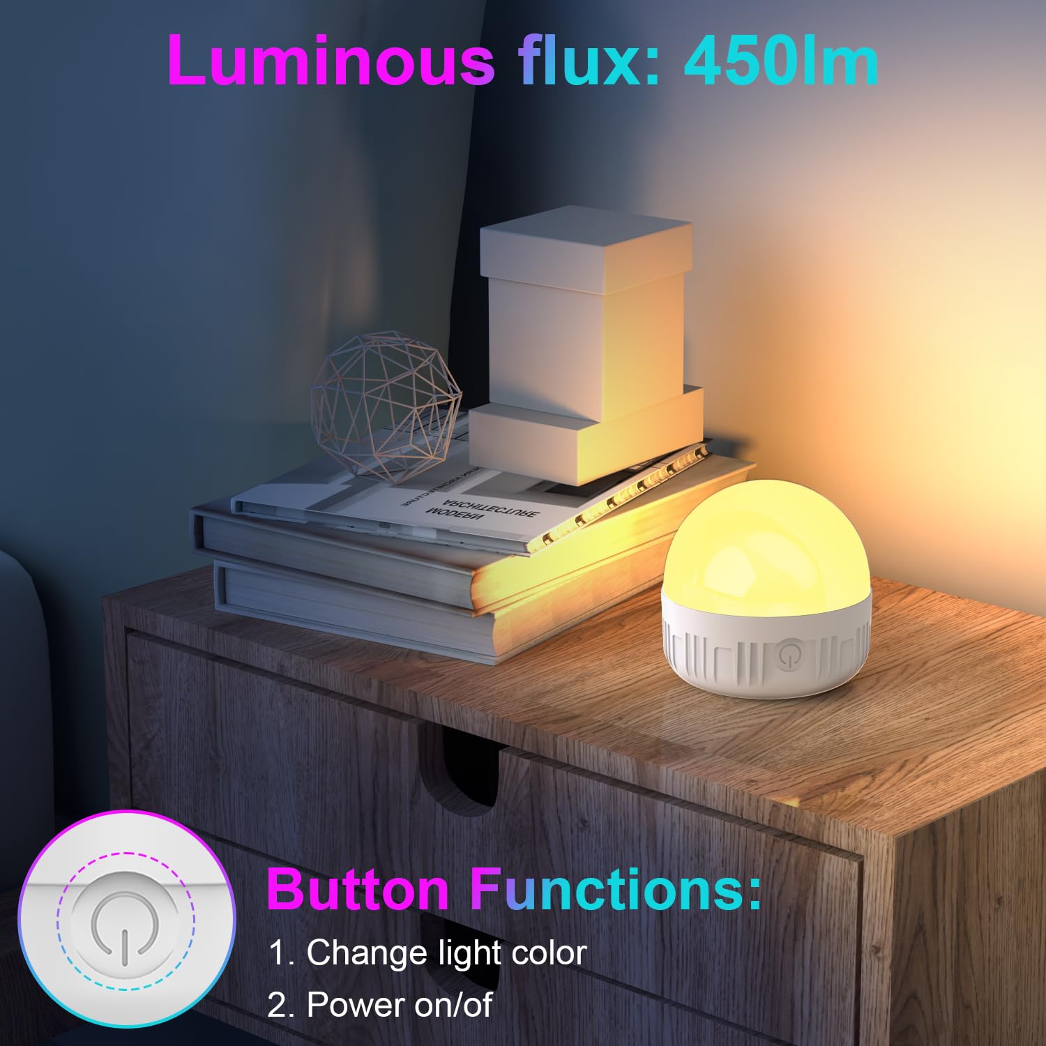 LGMCF Rechargeable LED Light Bulb - E12 6W 450LM, Dimmable, 15 Colors, Remote Control, 2500mAh Battery, 2-Pack