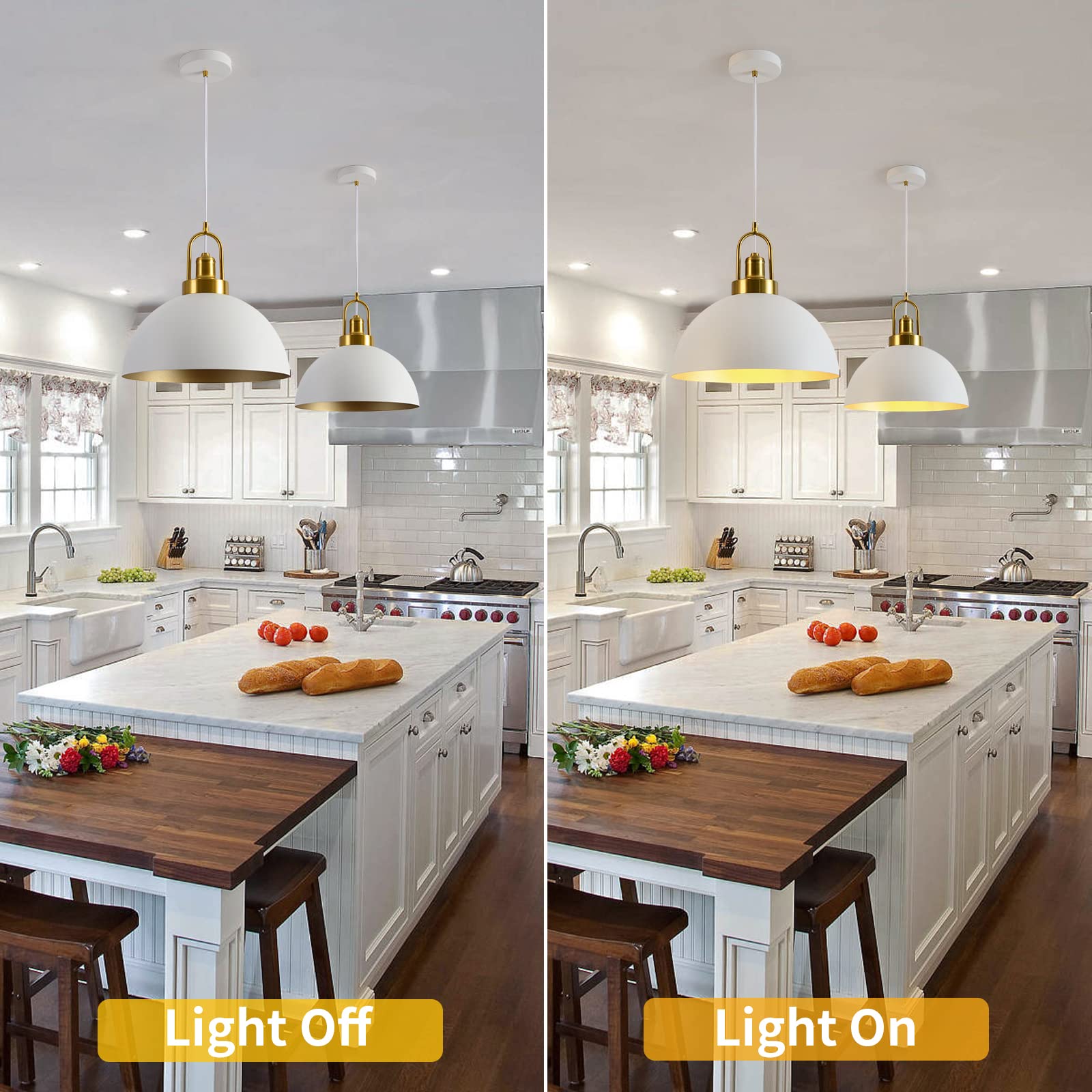 Vintage Industrial Pendant Light - 13.58'' Rustic White And Gold Farmhouse Dome Pendant Lighting, 78.74'' Length, For Kitchen, D