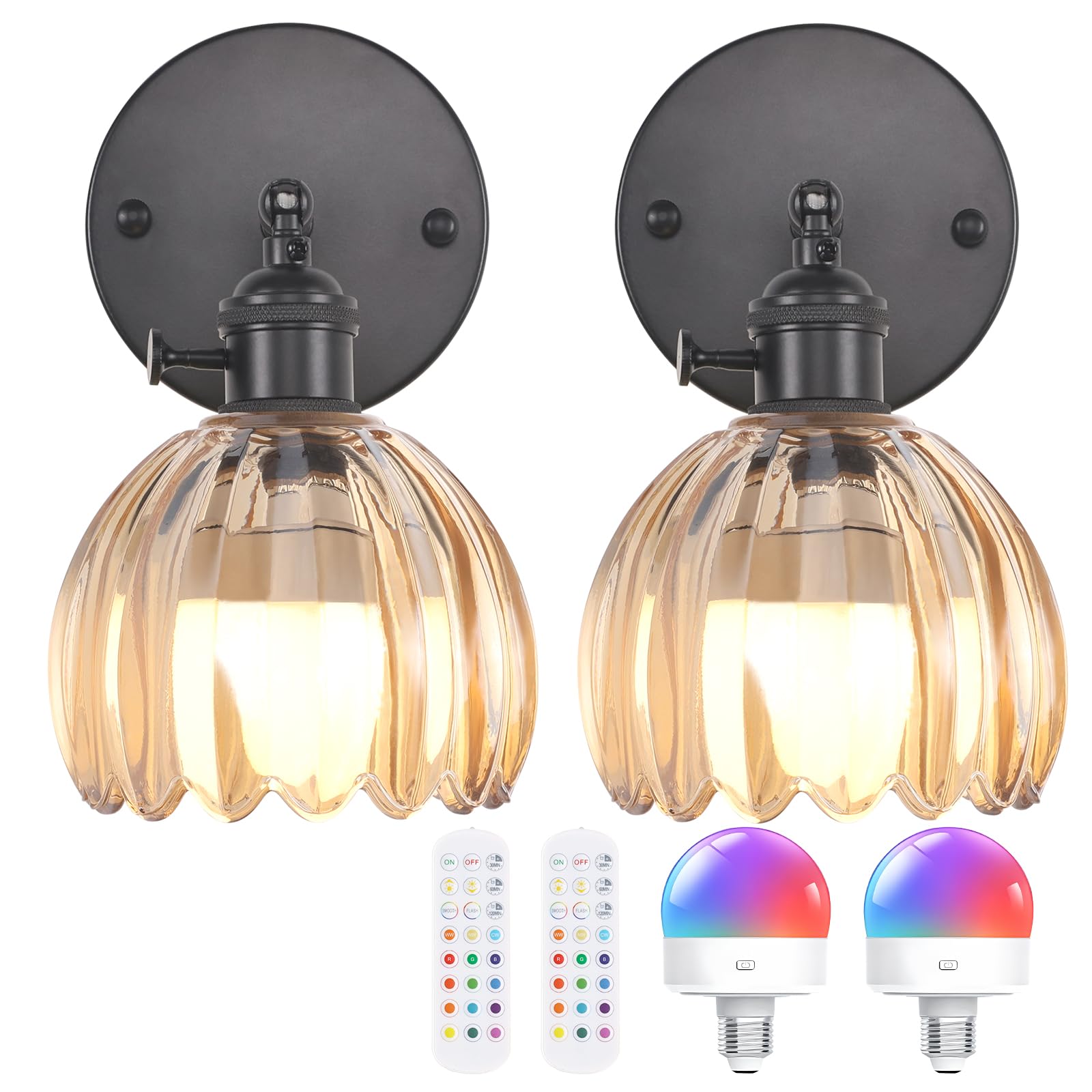 Shenmoyl Vintage Battery Operated Wall Sconce with Amber Tulip Glass Lampshade Rechargeable Battery Powered Black Wall Light with Remote Control for Bedside Bedroom Doorway  Set of 2