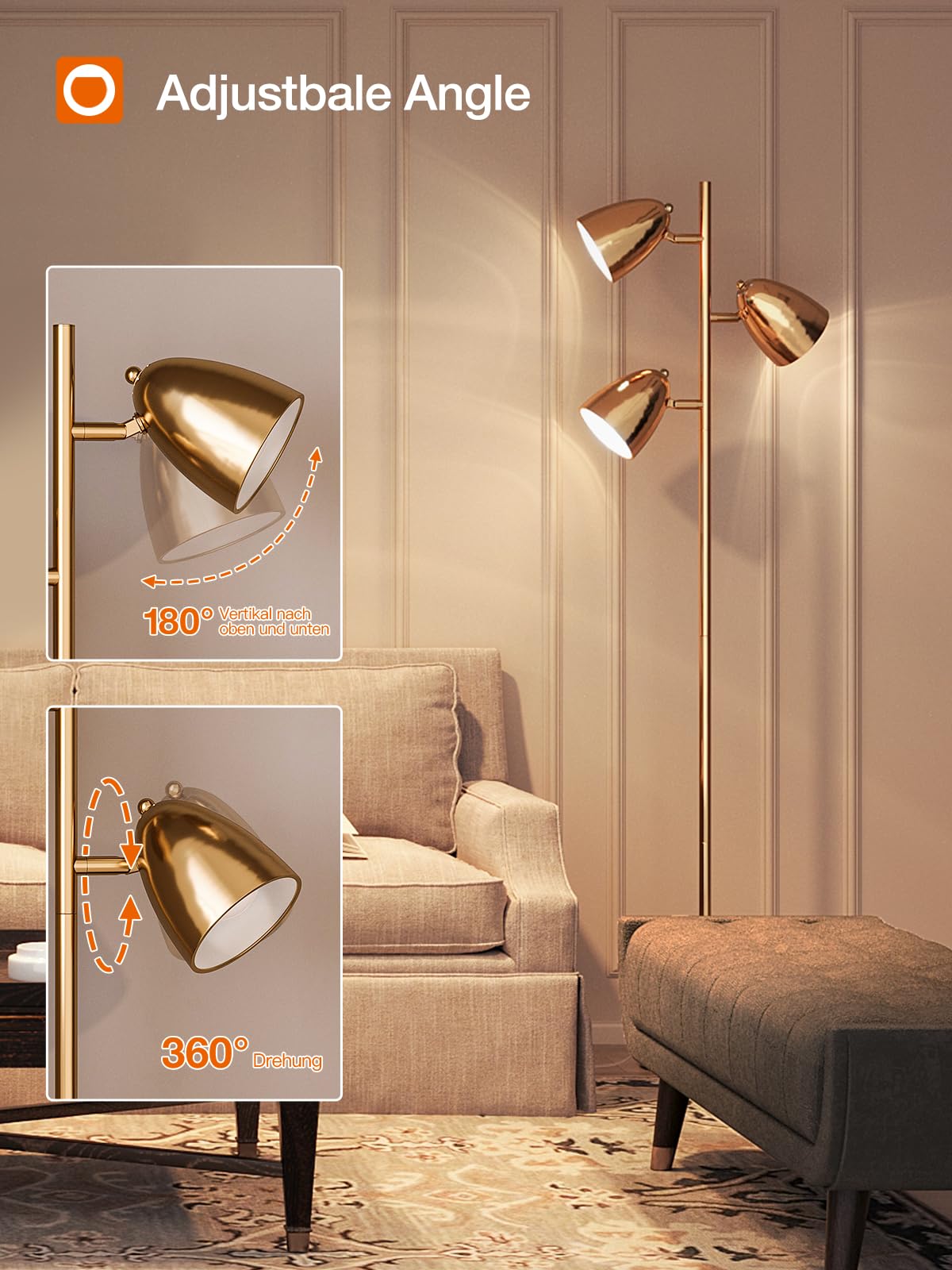 addlon Tree Floor Lamp with Remote, Adjustable Rotating Light, Gold, Model YY-02, Metal Construction