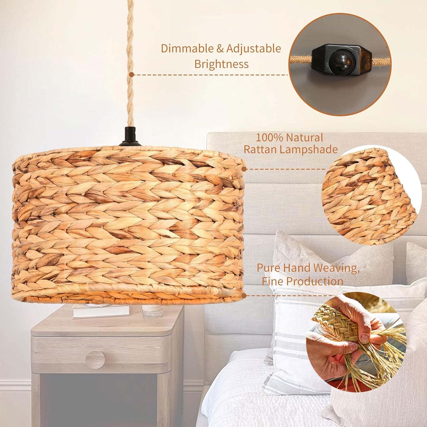 ZECOXOL Rattan Pendant Light - Boho Wicker Hanging Lamp with Dimmable Switch, 11.8" Metal, Straight Tube for Living Room & Bedroom