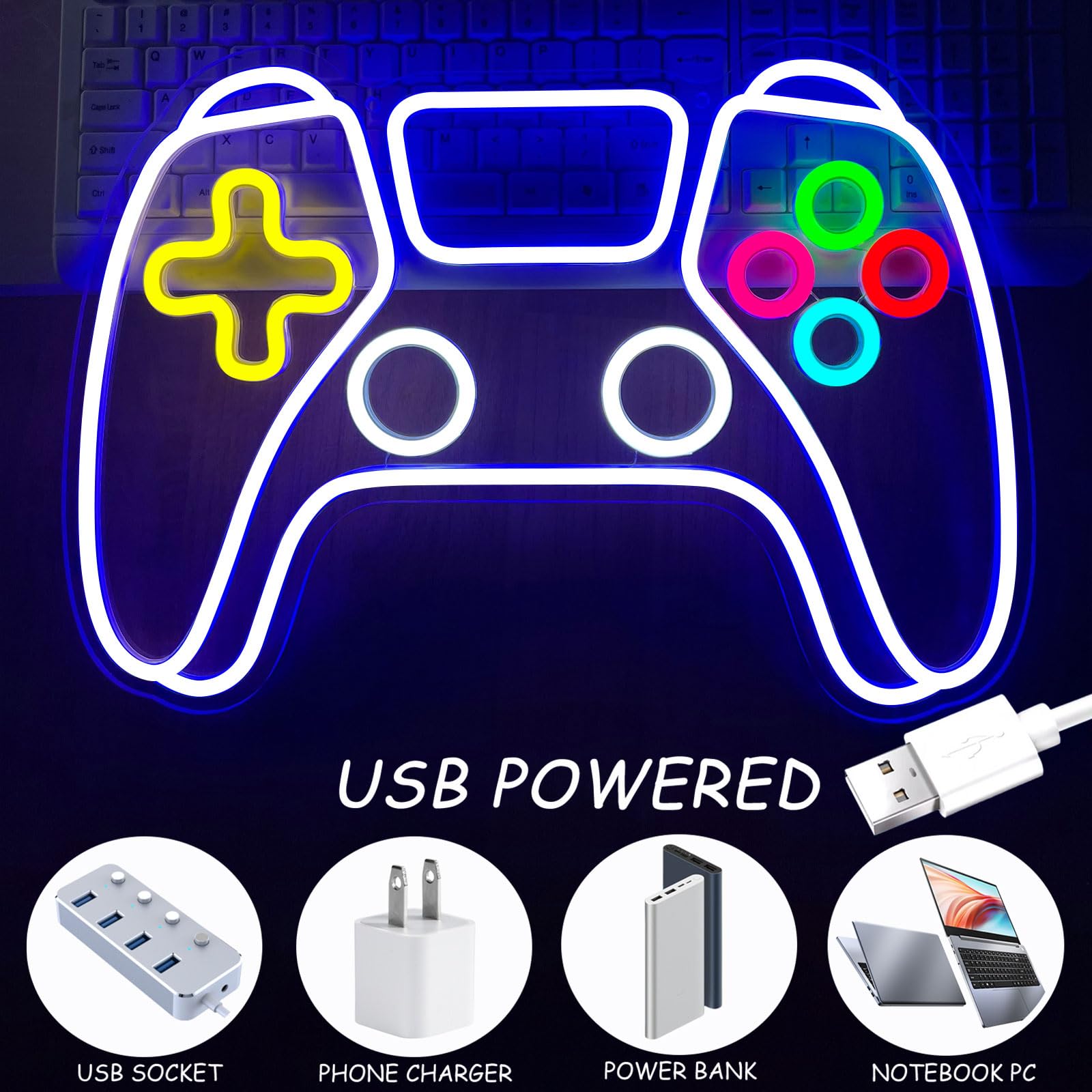 BerniceKelly Gamer Neon Sign Light, Dimmable LED Game Controller Decor, 16.5inx11.4in, Blue-Game, Model A
