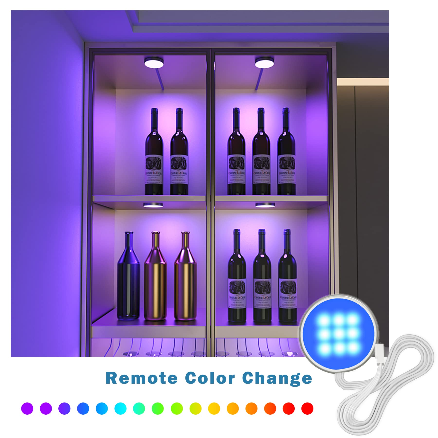 MYPLUS Under Cabinet RGB Puck Lighting Kit, 4 Remote Control Lights, 12V, Polycarbonate, Model MYPLUSCS102US01