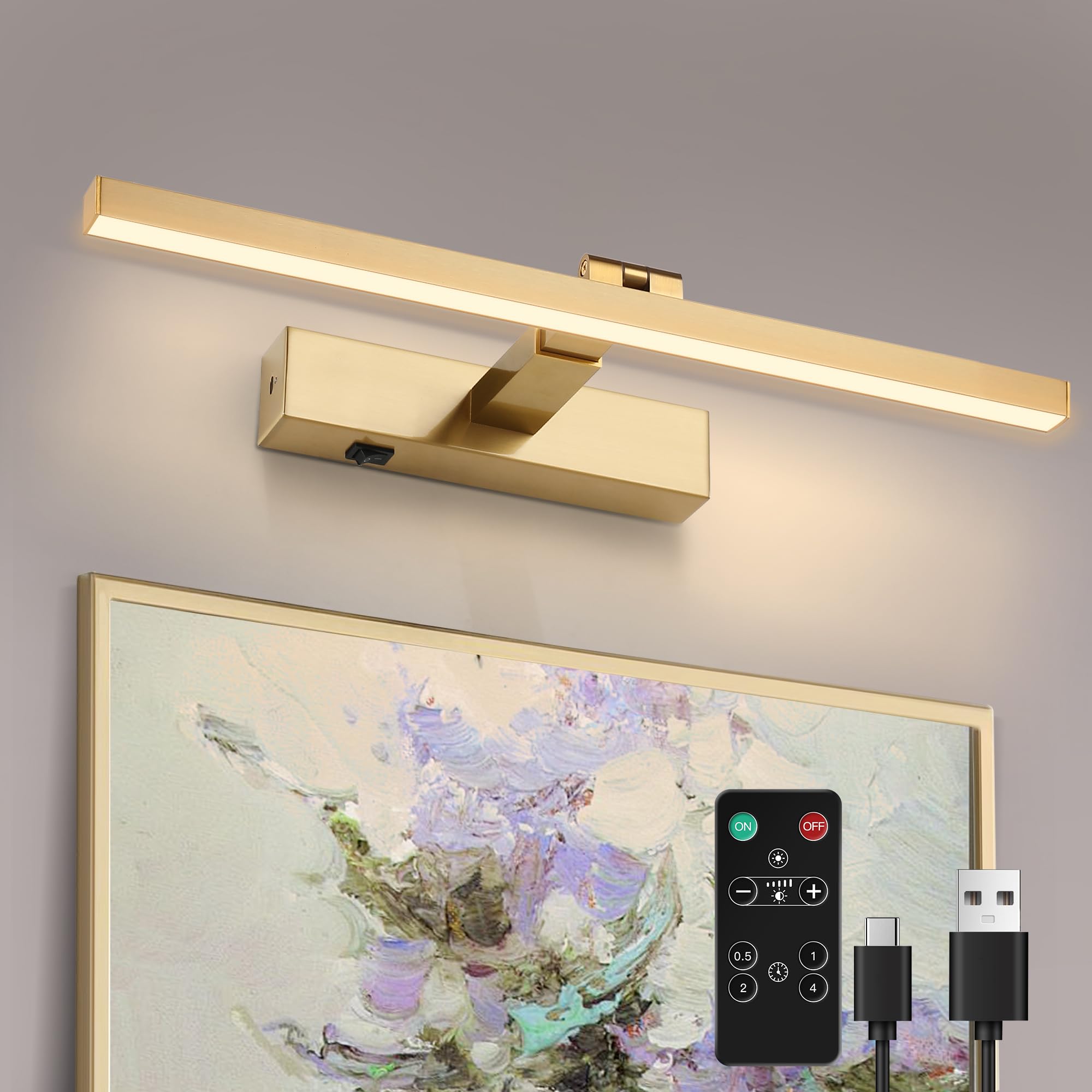 ZitoStory Gold Picture Lights for Wall Dimmable Wireless Picture Lights for Paintings Adjustable Wall Sconce with Remote (Brass,