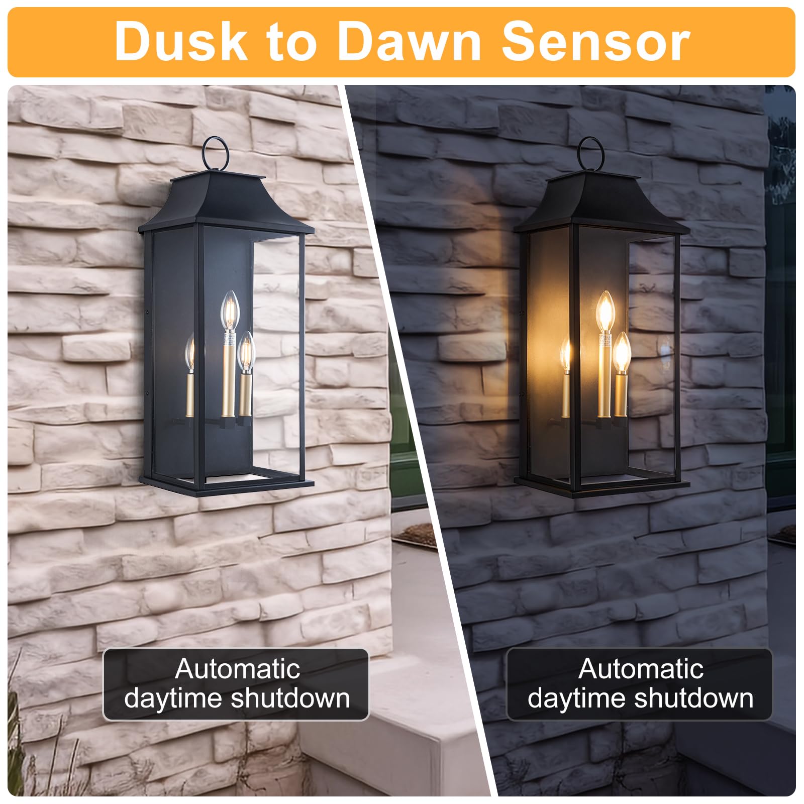 Lawyettle Dusk To Dawn Outdoor Wall Light 3-Light, 25'' Large Outdoor Light Fixture, Black Exterior Wall Lantern, Waterproof Out