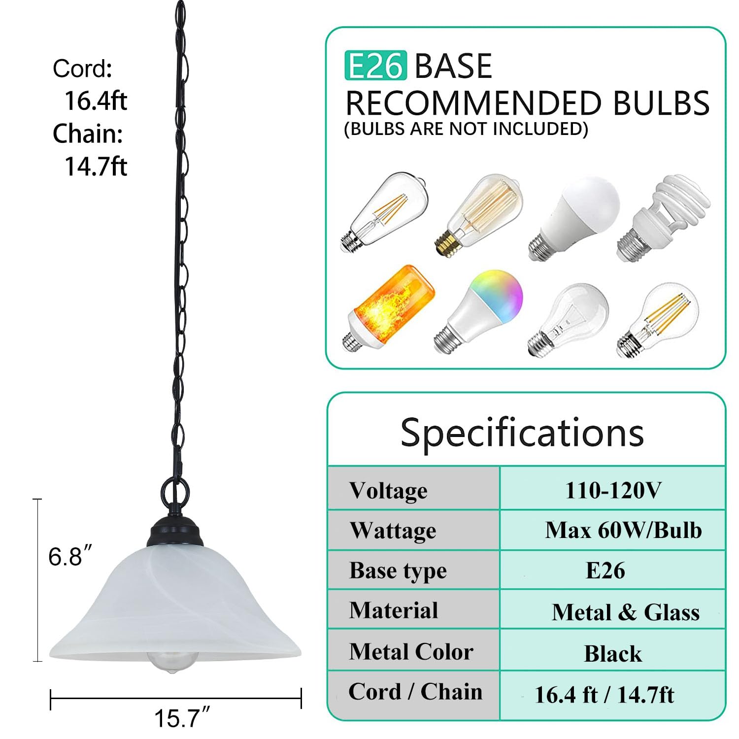 Shengqingtop Plug In Pendant Light Alabaster Glass Shade 15.7'' D Hanging Lamp With On/Off Switch,16.4Ft Cord & 14.7Ft Chain Dim