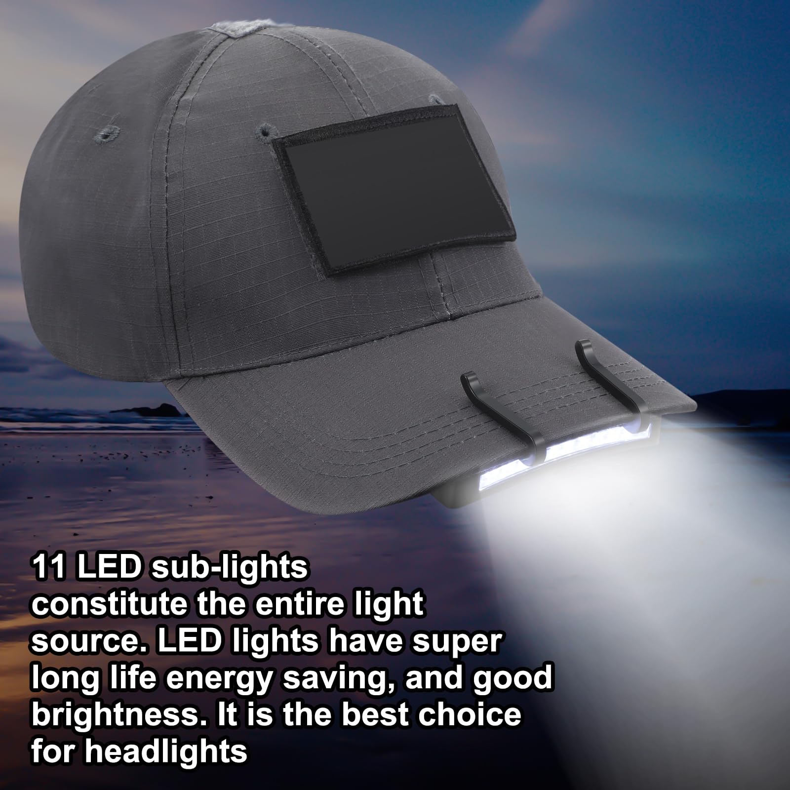Hortsun 10 Pcs Cap Light Clip 11 LED Lights Clip on Hat Headlamp Rechargeable Cap Brim Lamp Black Waterproof Ultra Bright Headge